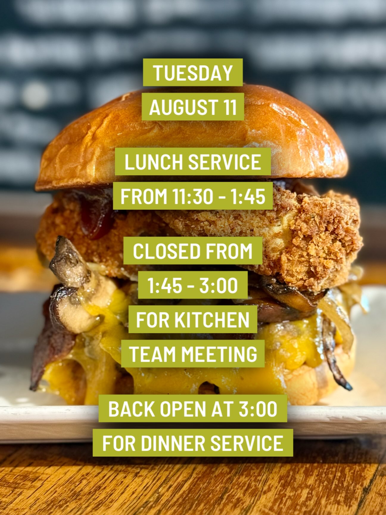 Birch People! Tuesday, August 11, Birch is going to close from 1:45 - 3:00 for a kitchen team meeting! We’ll be back at it at 3:00 for Happy Hour and dinner service!