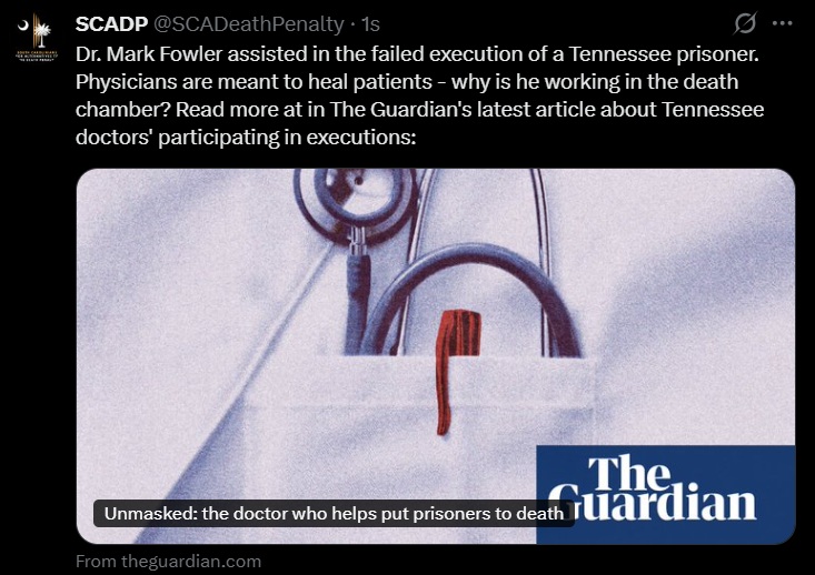 Dr. Mark Fowler assisted in the failed execution of a Tennessee prisoner. Physicians are meant to heal patients - why is he working in the death chamber? Read more in The Guardian's latest article about Tennessee doctors' participating in executions: https://www.theguardian.com/us-news/ng-interactive/2026/aug/08/tennessee-doctor-executions-death-penalty