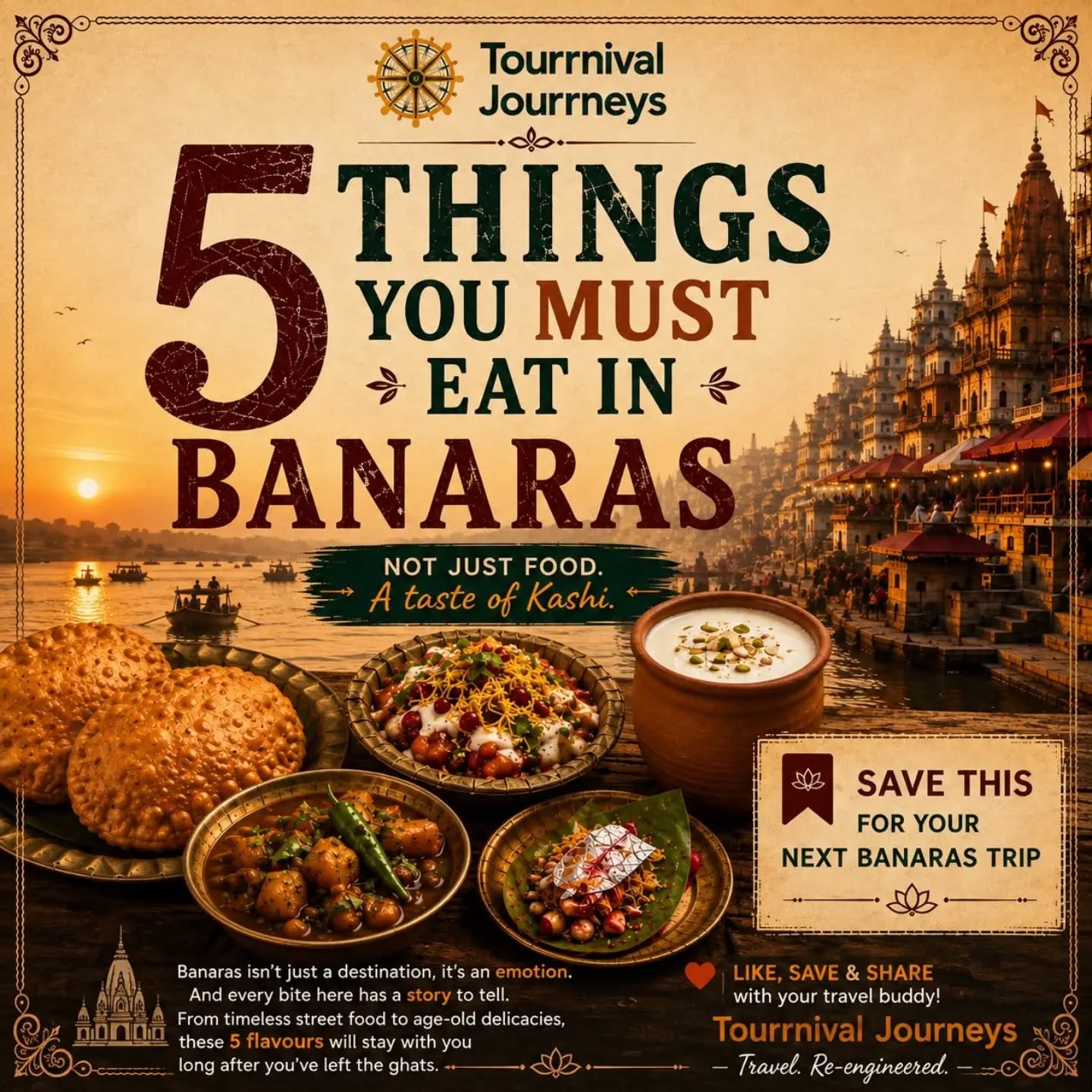 Banaras isn’t just a place you visit — it’s a place you taste. ❤️
From a hot plate of kachori-sabzi in the morning to a creamy lassi, tamatar chaat, seasonal malaiyo and that final bite of Banarasi paan… every corner of Kashi has something waiting to be tried.
So, if you’re planning a Banaras trip, save this one. And tell us — what’s the one Banarasi food you’d add to this list? 👀
#Banaras #Varanasi #Kashi #BanarasFood