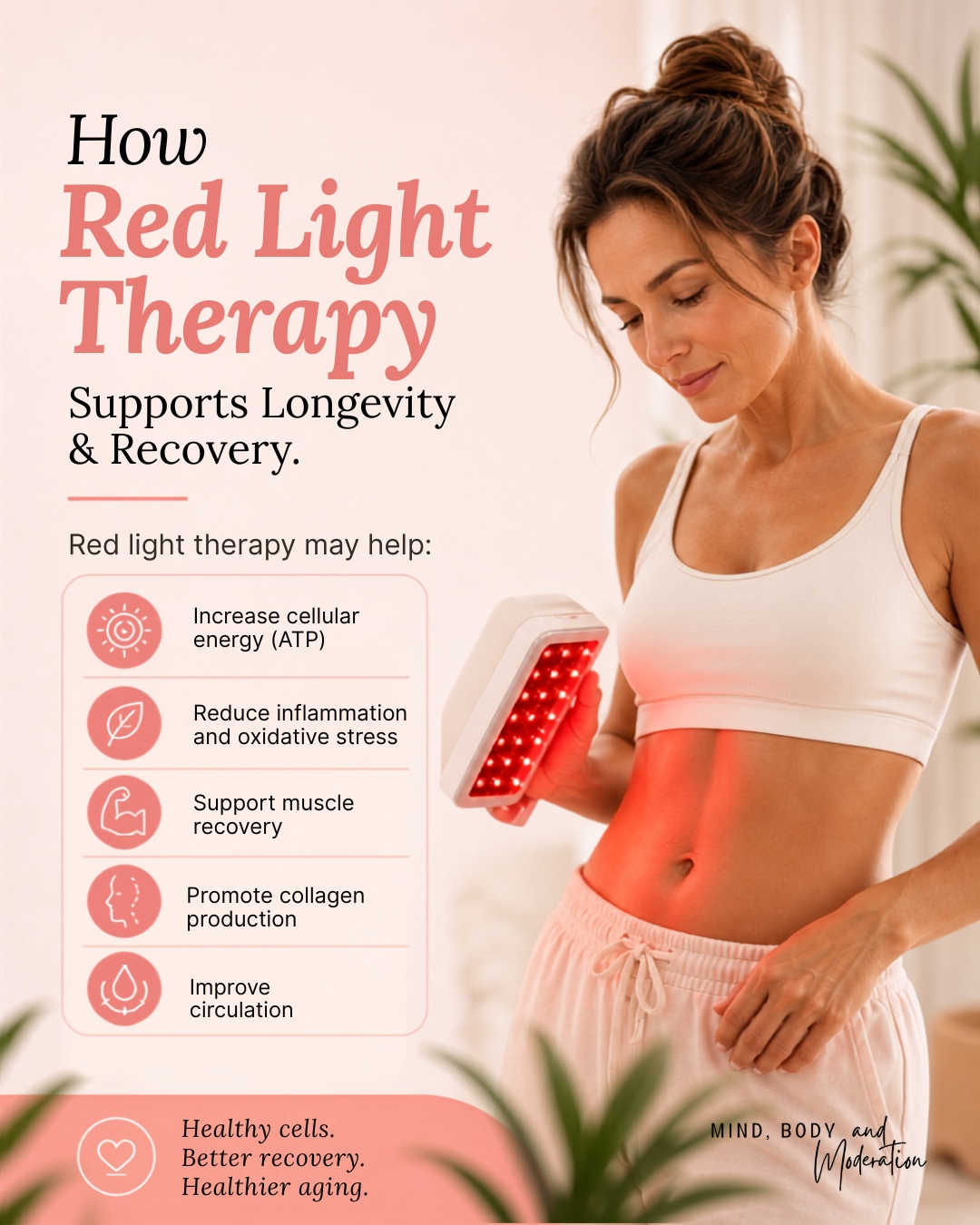 Red light therapy uses specific wavelengths of light that penetrate the skin and support the mitochondria, often called the "powerhouses" of your cells. When mitochondria function more efficiently, they produce more ATP, the energy your cells need to repair and perform their daily functions.
Research suggests red light therapy may help increase cellular energy production, reduce oxidative stress and inflammation, support muscle recovery after exercise, improve circulation, and stimulate collagen production for healthier skin. These benefits can make it a valuable addition to a healthy lifestyle focused on longevity and recovery.
While red light therapy is not a substitute for proper nutrition, exercise, sleep, or medical care, it may complement those healthy habits by supporting your body's natural recovery processes.
Have you ever tried red light therapy? Share your experience in the comments or shop here https://amzn.to/4e7jajO
Save this post for future reference and follow for more evidence-based healthy aging tips for women over 40.
#RedLightTherapy #HealthyAging #Longevity #Recovery #WomenOver40