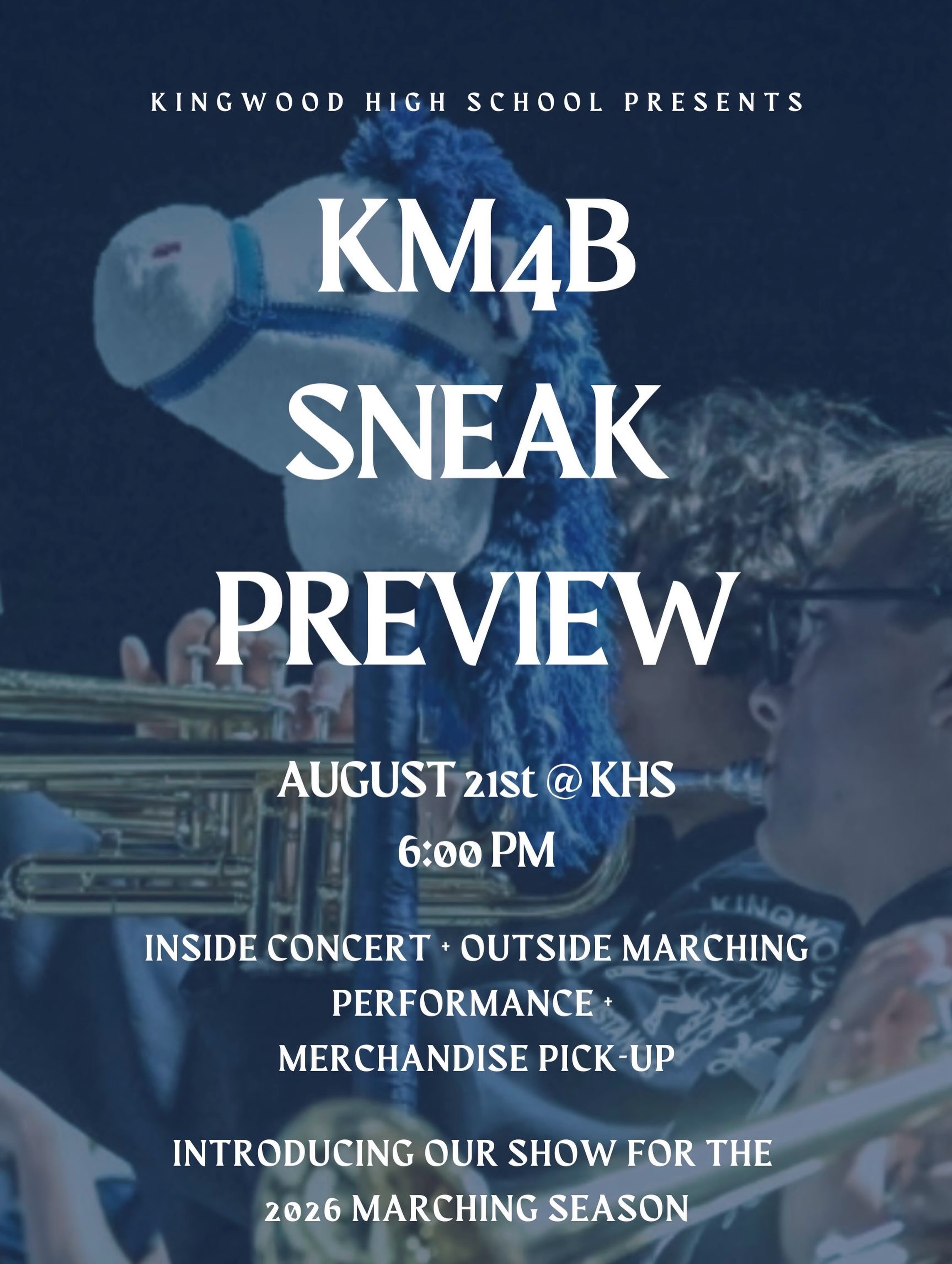 Join us for our annual KM4B Sneak Preview on August 21st at 6:00pm! We will showcase our marching music, stand tunes, fillie music, and the beginning of our 2026 drill.