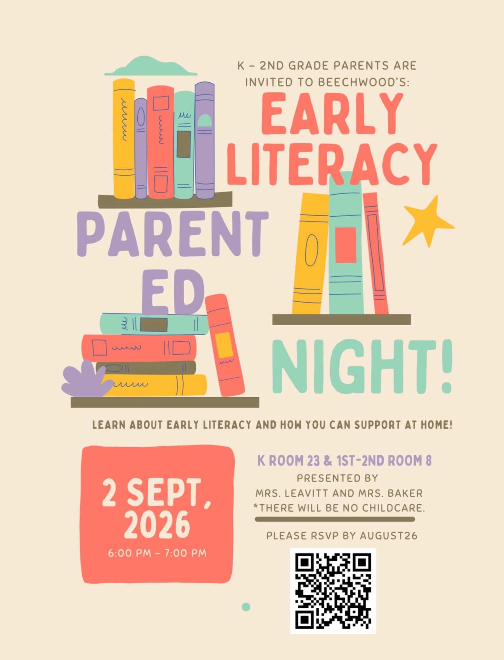 📣Calling all K-2 parents! ✏️ Join us to learn more about early literacy and how you can help support your Bobcat at home. ✏️ Please scan the QR code to RSVP by August 26.
