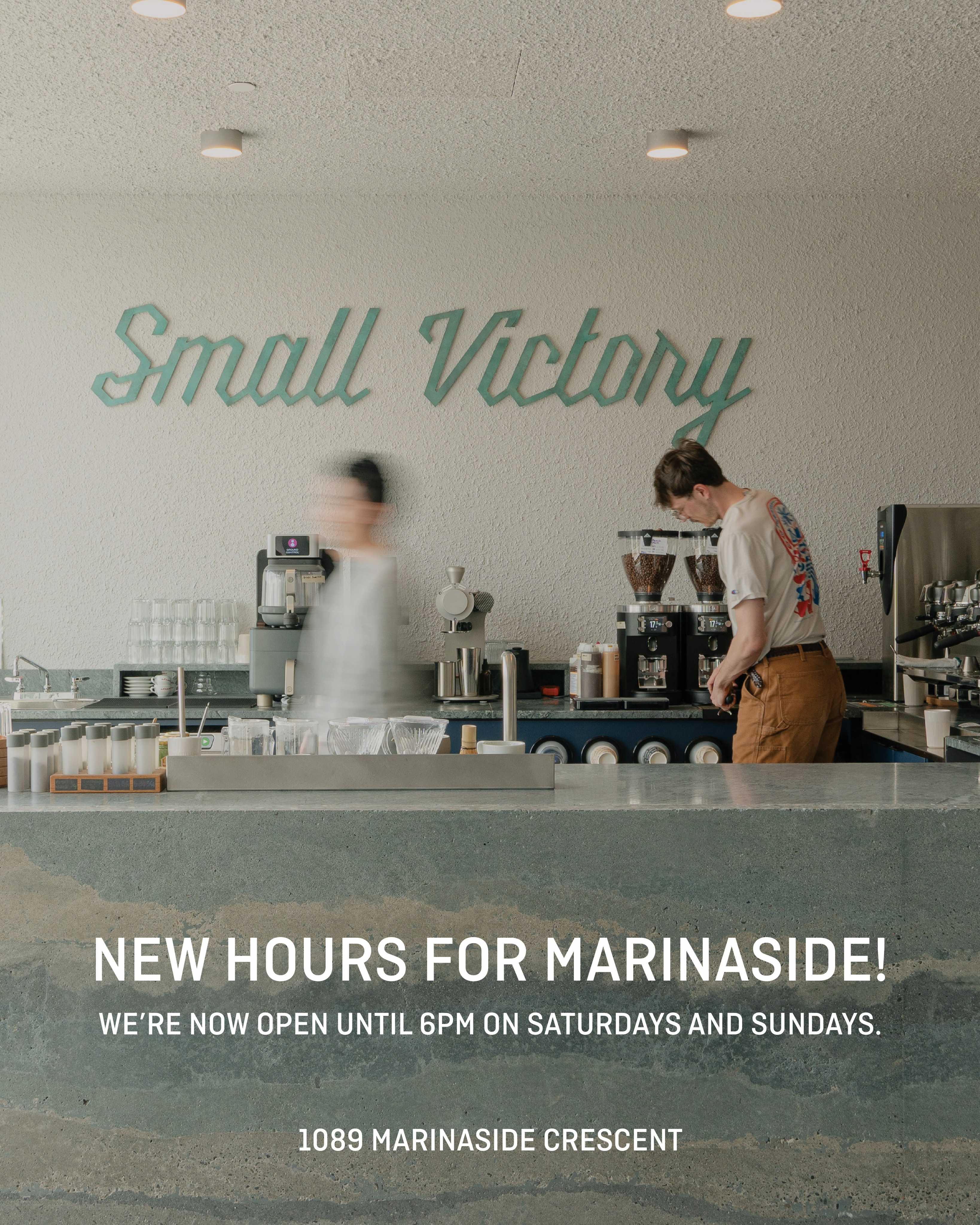 A little change to our Marinaside hours.
We’re now open until 6PM on weekends, giving you a little more time to stop by!