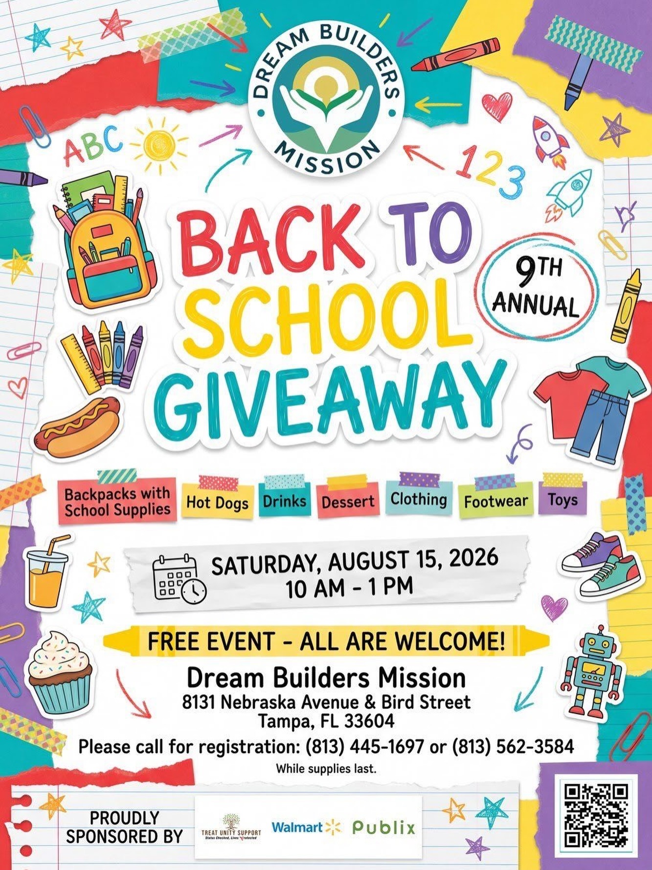TOMORROW! We will be at the 9th Annual Back to School Giveaway with free art boxes, fun activities, and plenty of creativity for the community!
Come say hi and get some free resources!
Saturday, August 15 from 10 AM to 1 PM at Dream Builders Mission: 8131 Nebraska Avenue & Bird Street, Tampa, FL 33604