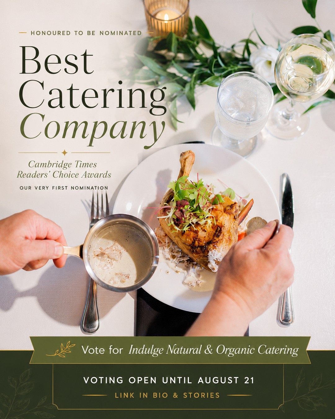 We are still celebrating our very first Cambridge Times Readers’ Choice nomination! 🎉
Indulge Natural and Organic Catering has been nominated for Best Catering Company, and we are so grateful to everyone who has supported us, trusted us with their celebrations, and welcomed our team into so many meaningful moments.
From weddings and corporate events to milestone celebrations and community gatherings, every event has helped shape who we are today.
Voting remains open until August 21, and we would be honoured to have your vote.
Please visit the link in our bio and vote for Indulge Natural and Organic Catering in the Best Catering Company category.
Thank you for supporting local and for helping us celebrate this incredible first nomination! ❤️
#ReadersChoiceAwards #CambridgeOntario #IndulgeCatering #BestCateringCompany #SupportLocal