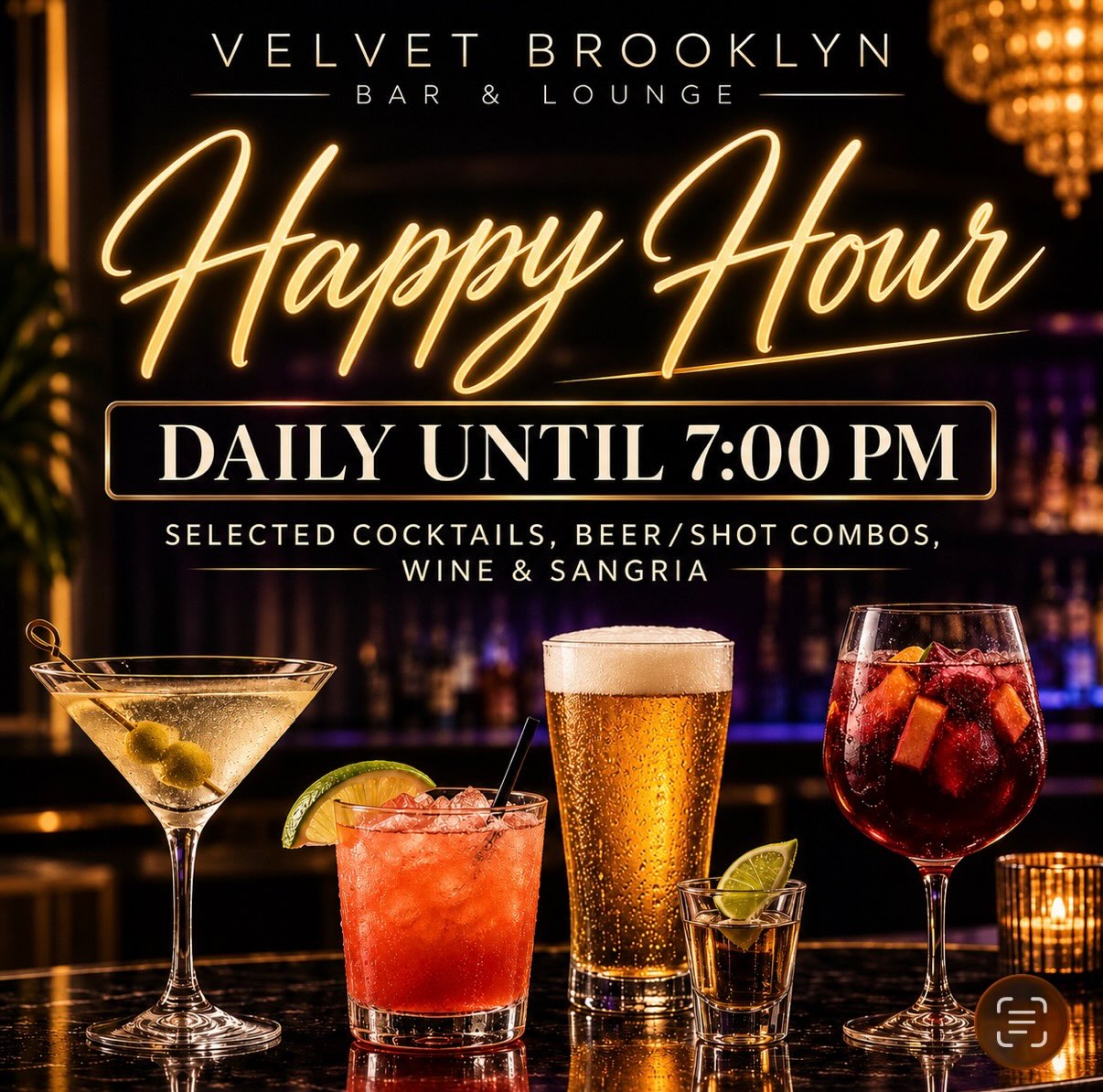 It’s always happy hour at Velvet Brooklyn! ✨🍸
Join us daily until 7 PM for selected cocktails, beer & shot combos, wine, and sangria. 🍷🍹
Come sip, unwind, and make your evening a little more exciting. 🥂
#VelvetBrooklyn #HappyHour #BrooklynNightlife #BrooklynBars #Cocktails