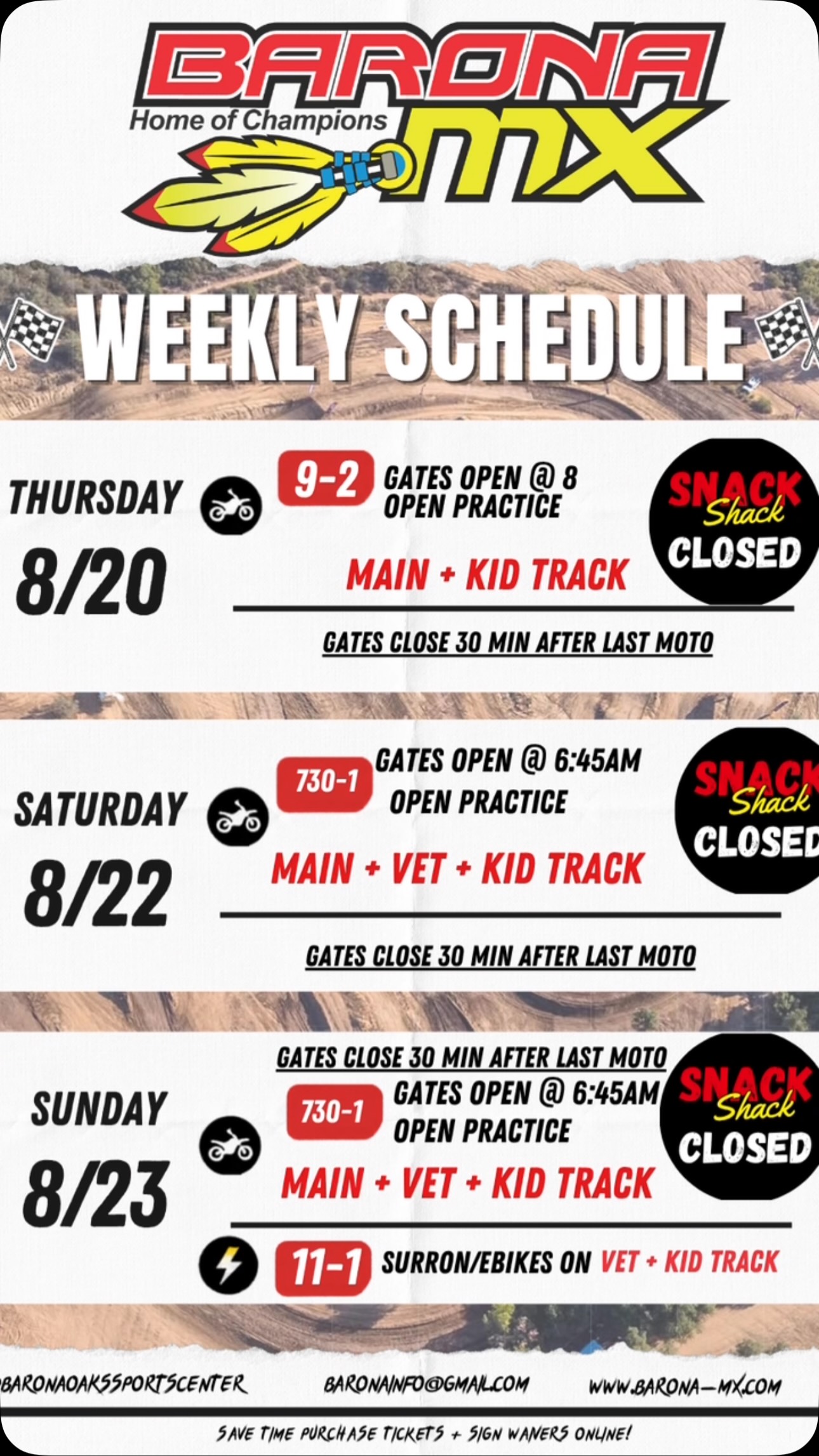 🏁 THIS WEEK AT BARONA MX! 🏁
We’ve got 3 days of riding lined up this week! 🔥 Braaap your way into the weekend with fresh dirt and plenty of track time. 🤘
🏁 THURSDAY 8/20
⏰ 9AM–2PM | Gates @ 8AM
🏍️ Main + Kid Track
🏁 SATURDAY 8/22
⏰ 7:30AM–1PM | Gates @ 6:45AM
🏍️ Main + Vet + Kid Track
🏁 SUNDAY 8/23
⏰ 7:30AM–1PM | Gates @ 6:45AM
🏍️ Main + Vet + Kid Track
⚡ Surron/E-Bikes: 11AM–1PM on Vet + Kid Track
🚨 Snack Shack CLOSED all 3 days
🎟️ Save time at the gate — purchase tickets + sign waivers online!
Tag your riding crew 👇 Who’s coming out this week?! 🏁🔥
#BaronaMX #BaronaOaks #Motocross #MotoLife #DirtBike
