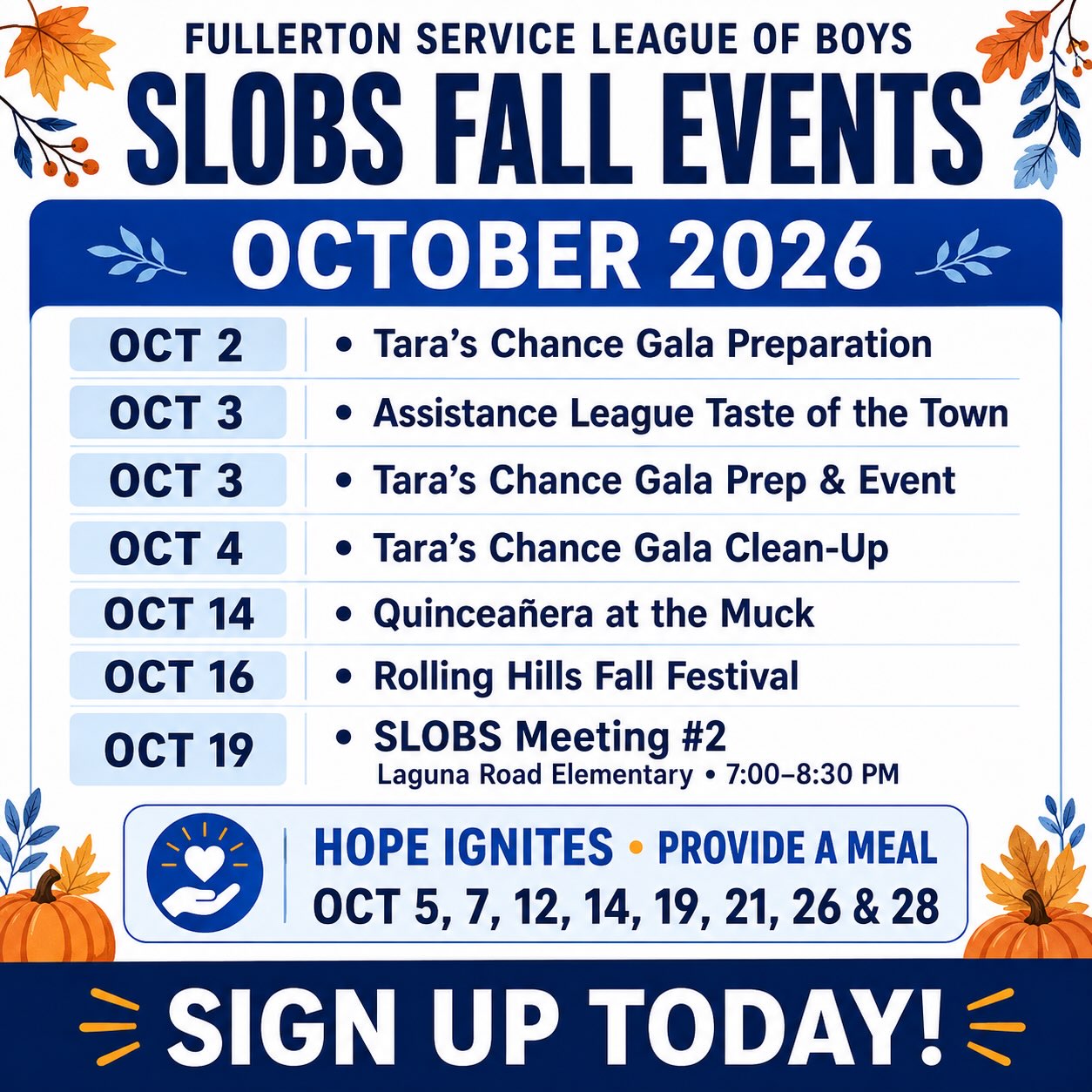 Looking for volunteer hours or ways to give back this fall? We got you. 🙌
SLOBs has spots open all fall for food drives, galas, local festivals, and more!