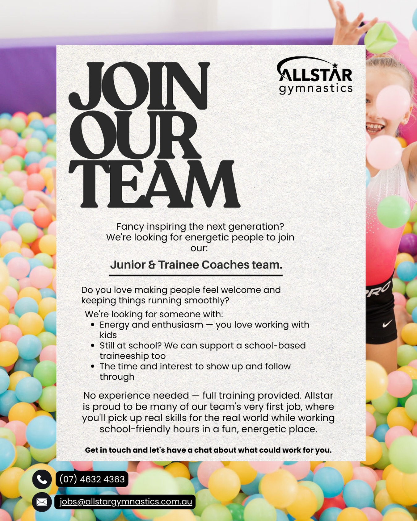 Join our Junior & Trainee coaches team! 🌟 No experience needed — full training provided. Get in touch to chat what could work for you 💌
#Toowoomba #NowHiring #allstargymnastics