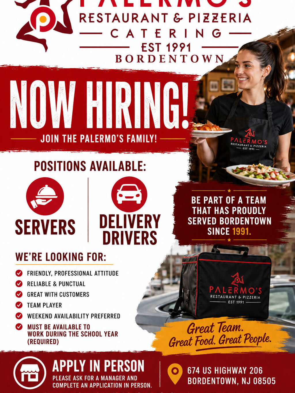 🚗🍕 WE’RE HIRING! JOIN THE PALERMO’S FAMILY! 🍕🚗
Palermo’s Tomato Pie is growing, and we’re looking for great people to join our team!
Now Hiring:
🍽️ Servers
🚘 Delivery Drivers
🍕Pizza Makers
🍳Cooks
We’re looking for dependable, friendly, hard-working people who take pride in providing outstanding service. Experience is always a plus, but a great attitude, reliability, and a willingness to learn matter even more.
What we’re looking for:
✅ Positive attitude
✅ Dependable and punctual
✅ Team player
✅ Great with customers
✅ Must be available during the school year (this is a requirement)
✅ Weekend availability is a big plus
Whether you’re greeting guests in our dining room or delivering dinner to families throughout the community, you’ll be part of a team that’s been serving Bordentown with pride since 1991.
📍 Apply in person at:
Palermo’s Tomato Pie
674 US-206
Bordentown, NJ 08505
Know someone who would be a great fit? Tag them or share this post!
🌐 www.PalermosTomatoPie.com