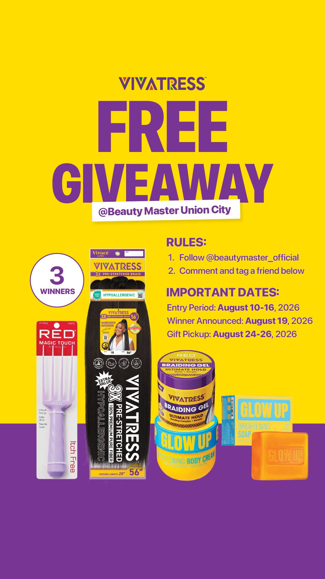 VIVATRESS GIVEAWAY is coming to Unioncity! 💜💛
Three lucky winners will win a huge VIVATRESS GIFT BOX (includes Braiding Hair, Hair Gel, Body Cream, Soap, Scalp Scratcher, etc)
To Enter:
Follow @beautymaster_official
Tag a friend (each tag = 1 entry, no limit)
Share this post to your stories or Repost
Like and comment on this post
Ends Aug 16. USA only. Must be able to come pick up.
Want to win a FREE gift box?
Enter now for a chance to be one of our 3 winners 🎁✨
How to enter:
1️⃣ Follow @beautymaster_official
2️⃣ Comment & tag your friends under this Morrow video
3️⃣ Winners will be selected by online raffle
Entry Period: Aug 10-16
Winners Announced: Aug 19
Gift Pickup: Aug 24-26
📍Pickup at Beauty Master Union City only
📍Address: 6851 Shannon Pkwy, Suite 1, Union City, GA 30291
Good luck everyone! ✨
#BeautyMaster #Beautymasterunioncity #vivacebykiss #vivatress #prestretchedhair #NoPrerinsingNeeded