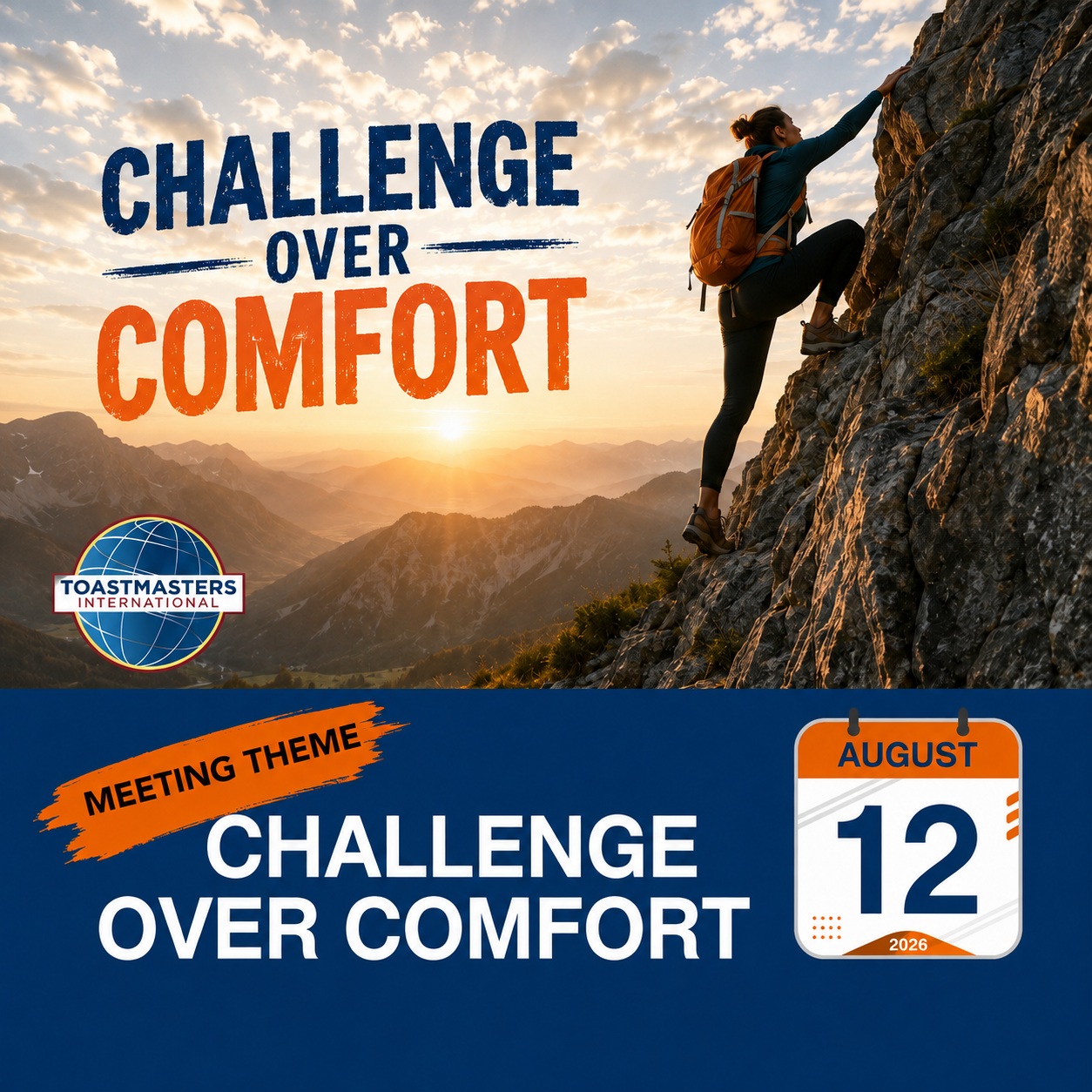 🔥⛰️ Challenge Over Comfort ⛰️🔥
Growth rarely happens when everything feels easy.
Sometimes it begins with raising your hand when you’d rather stay quiet. Speaking before you feel completely ready. Trying something unfamiliar. Taking the harder path because you know there’s something worth discovering on the other side.
This week, we’re choosing challenge over comfort — not because challenge is easy, but because it’s often where confidence, resilience, and growth begin.
Join us for an evening of speeches, spontaneous speaking, meaningful conversations, and a supportive space to stretch beyond what feels familiar.
🎤 Inspiring speeches
🌿 Fun Table Topics
💬 Supportive community
✨ Personal growth
📅 Wednesday, August 12, 2026
🕖 7:00 PM PT
🌐 www.unicorntribetoastmasters.ca
📧 unicorntribetoastmasters@gmail.com
Guests are always welcome!
What’s one challenge you’re willing to choose over comfort? 💪
#ChallengeOverComfort #Toastmasters #PublicSpeaking #PersonalGrowth #Leadership #CommunicationSkills #BuildConfidence #GrowthMindset #VancouverEvents #RichmondBC #OnlineEvents #UnicornTribeToastmasters #FindYourVoice