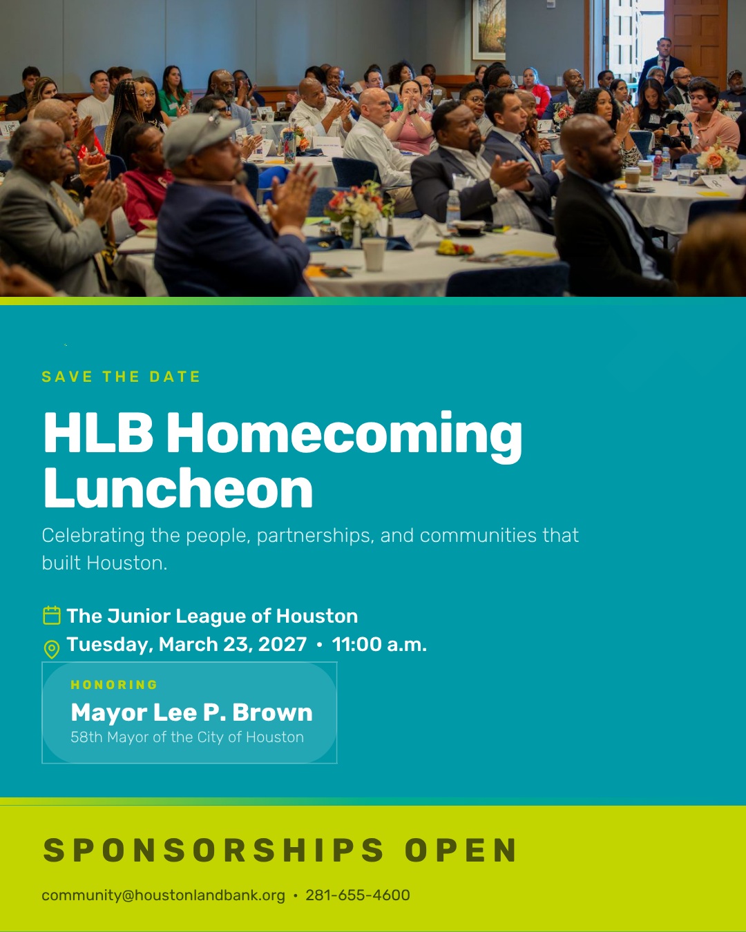 🏠 SAVE THE DATE 🏠
Tuesday, March 23, 2027
HLB Homecoming Luncheon
The Junior League of Houston
This is a homecoming for everyone who has shaped this work — and a launching point for where we go next.
On that stage, we'll debut our annual report, share major expansion announcements across the Houston region, and honor Mayor Lee P. Brown for his leadership that helped make this work possible. Chaired by Graciela Saenz and David Collins.
The room will hold the bankers, builders, developers, foundation leaders, and public officials deciding what Houston becomes. We want your name on that wall.
Sponsorship opportunities are available!
Your investment becomes land acquisition, title clearance, and homes families own. Your logo in that room means another block comes back to life.
🔗 Full sponsorship packet in the link in bio.
#HLBHomecoming #SaveTheDate #Houston #HoustonRealEstate #CommunityDevelopment #HoustonLandBank