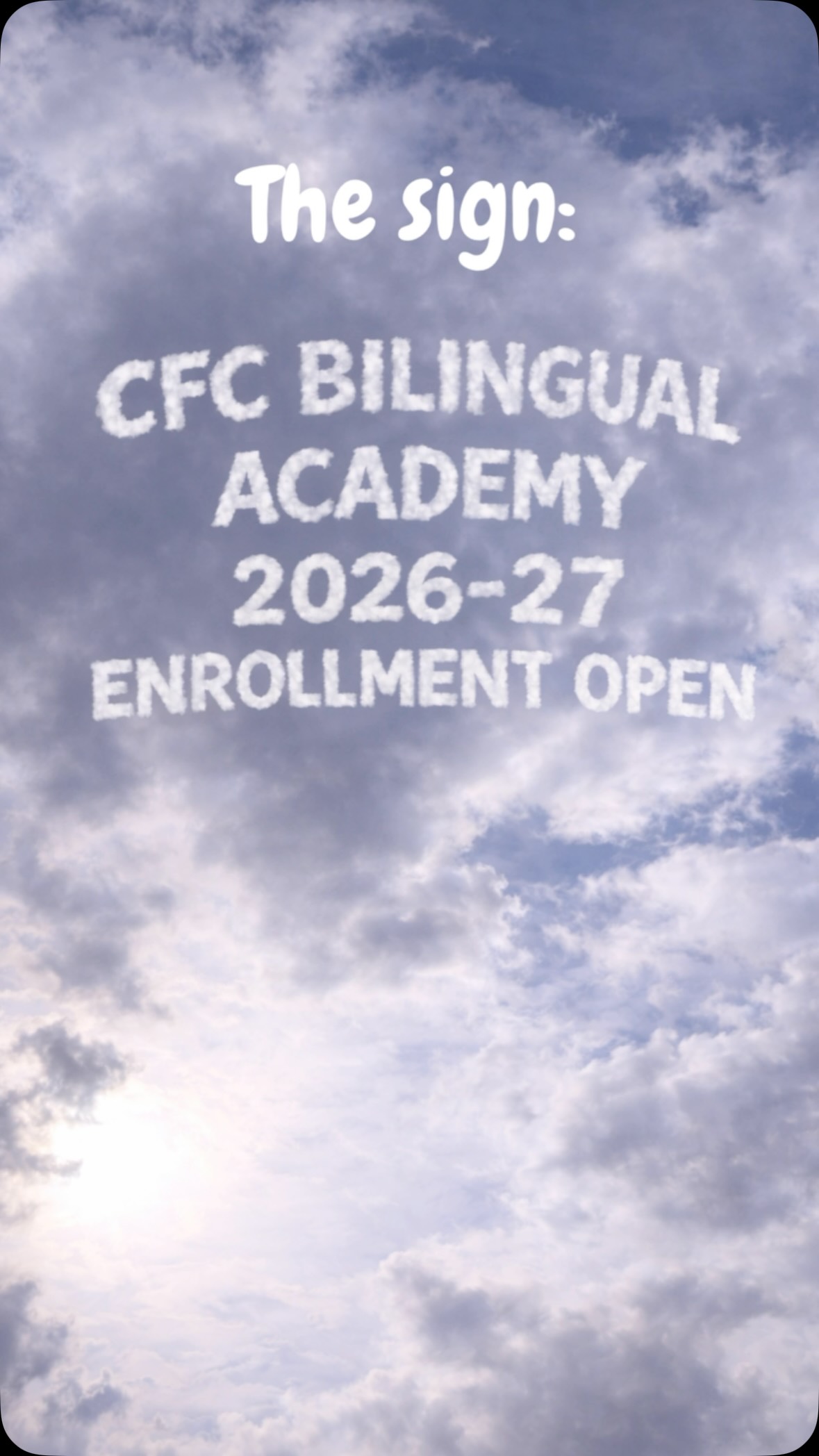 Looking for a sign? 👀✨
Maybe this is the one you’ve been praying for. 🙏🏼💙
At CFC Bilingual Academy, we believe your child’s education is more than academics — it’s about growing in faith, character, and purpose.
If you’ve been asking God for the right school… consider this your sign. 💙
Enrollment is still open!
Limited spots available**
