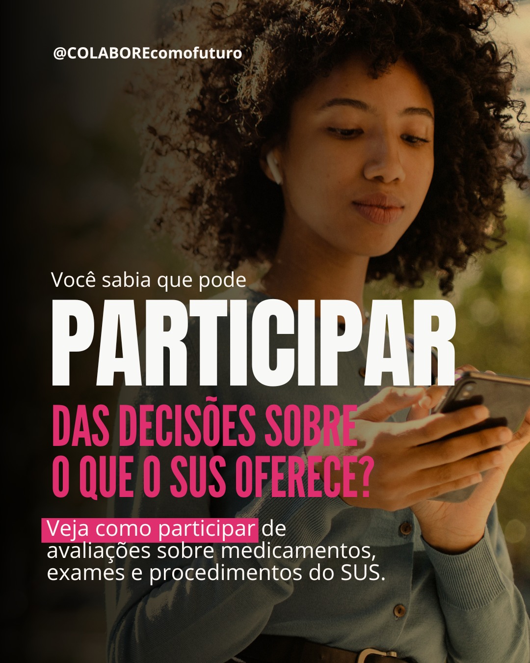Você sabia que pode participar das decisões sobre o que o SUS oferece à população?
Neste momento, diferentes medicamentos, exames e procedimentos estão em Consulta Pública na Conitec e qualquer pessoa pode opinar.
Participar é uma oportunidade de levar experiências, necessidades e perspectivas da sociedade para decisões que podem impactar a saúde de milhares de brasileiros.
👉 Deslize o carrossel, conheça as Consultas Públicas abertas e veja os prazos para participar.
Participe em: bit.ly/cpsconitec
Ou comente CP neste post para receber o link das consultas públicas por mensagem!
📲 Compartilhe este post. Informação também é o primeiro passo para ampliar a participação social.
#ConsultaPública #Conitec #SUS #ParticipaçãoSocial #SaúdePública #AdvocacyEmSaúde #DireitoÀSaúde