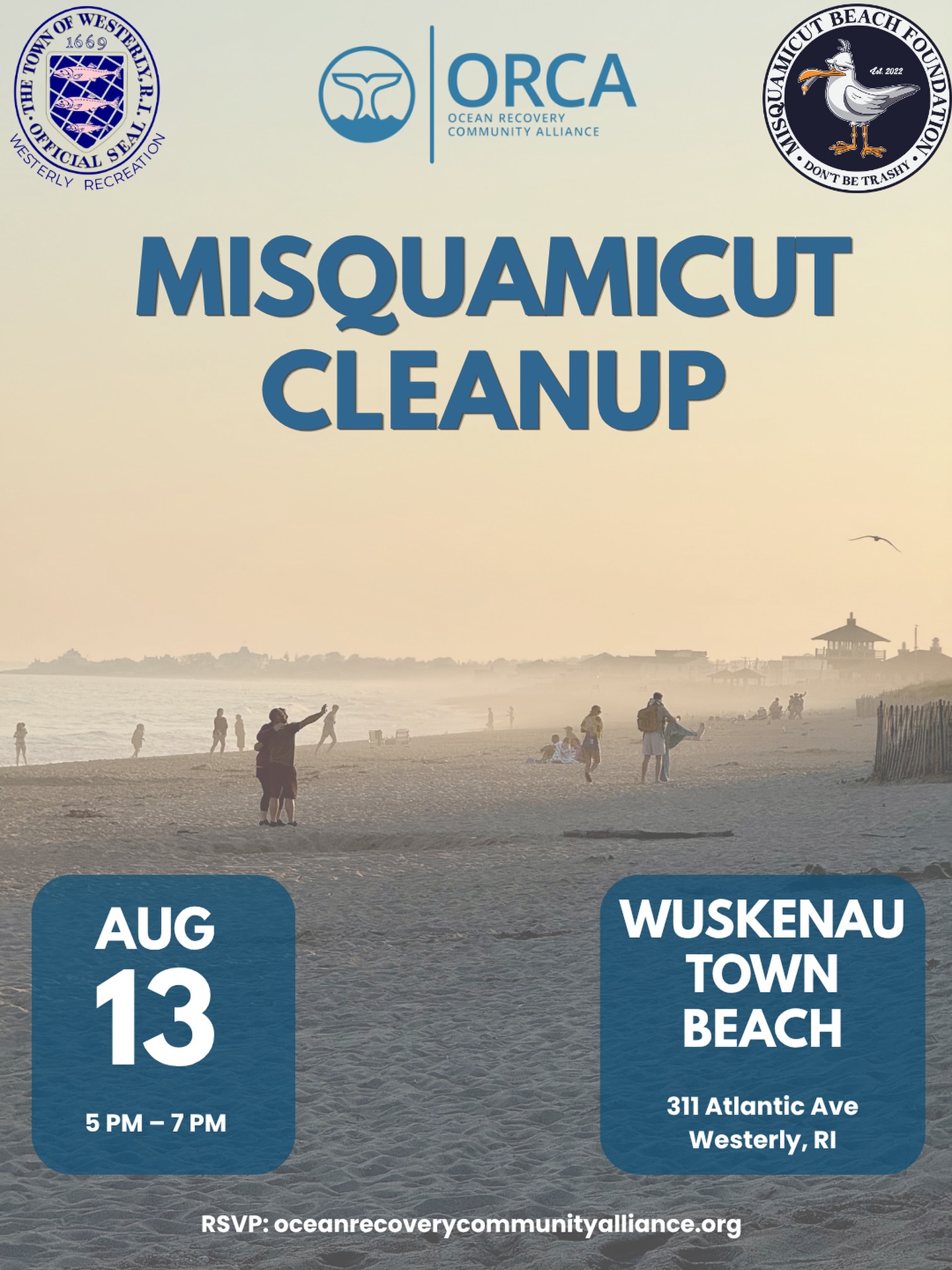 Join us as we return to Misquamicut this Thursday, August 13th, at 5 PM at Wuskenau Town Beach. All cleanup supplies will be provided.
RSVP at oceanrecoverycommunityalliance.org
