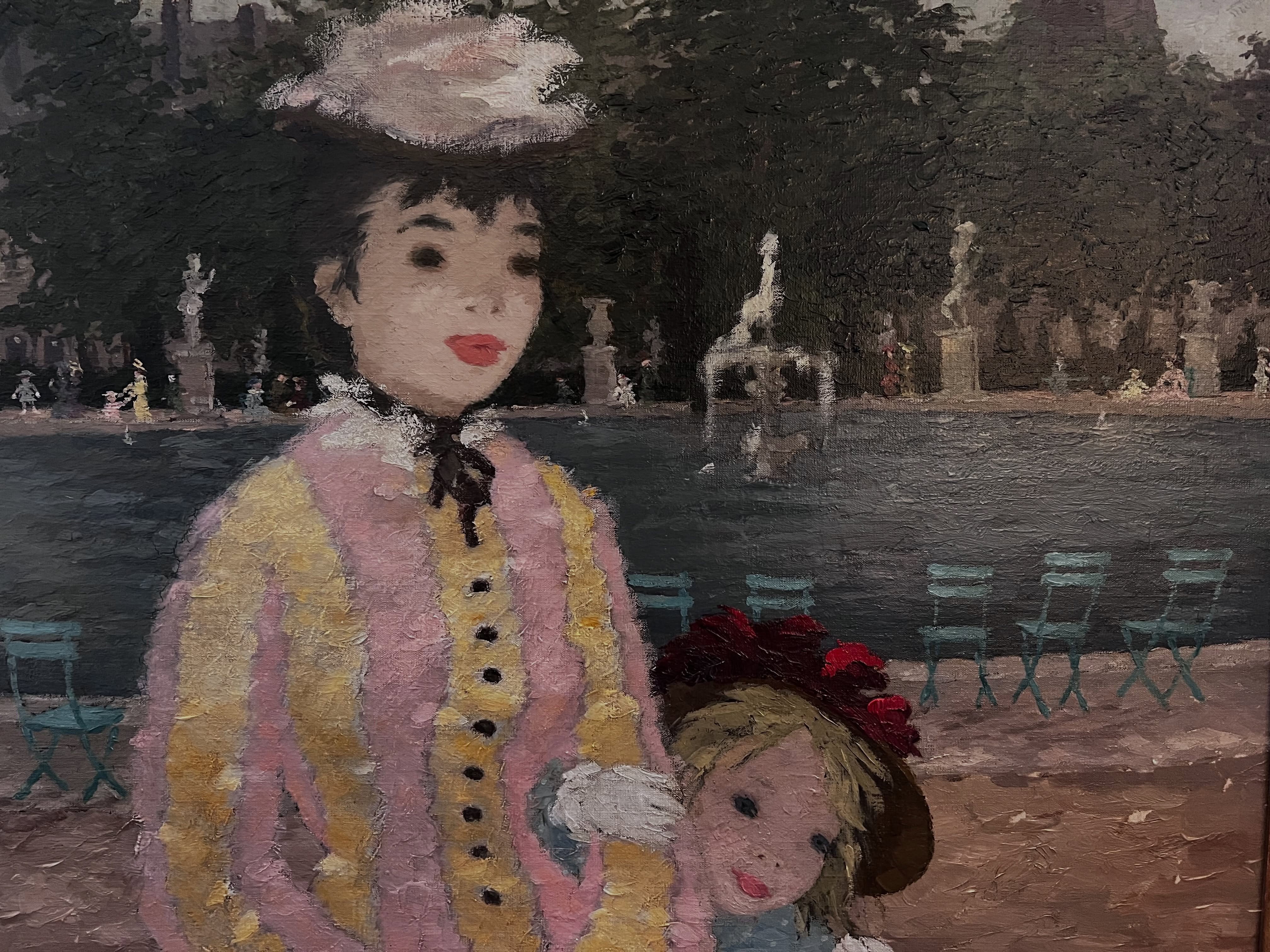 Suzanne Eisendieck (1906–1998)
Parisian Park Scene
Oil on canvas
A wonderfully charming Parisian scene by Suzanne Eisendieck, depicting an elegantly dressed mother and child beside the water in one of the city’s grand public gardens. Eisendieck’s distinctive figures take centre stage, set against an atmospheric backdrop of water, architecture and rows of turquoise garden chairs.
The soft pinks and yellows of the figures’ clothing stand beautifully against the darker landscape, giving the painting the romantic, almost storybook quality for which Eisendieck is so admired.
Recently cleaned and beautifully presented in a gold-finished wooden frame.
Available at Martine Boré Antiques.
#SuzanneEisendieck #Eisendieck #Paris #ParisianArt #FrenchArt OilOnCanvas FigurativeArt 20thCenturyArt ArtCollector FineArt MartineBoreAntiques