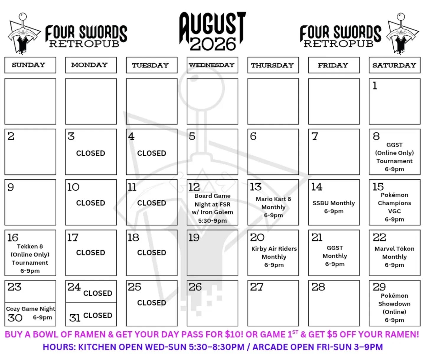 August Events ๐
From fighting and racing tournaments to tabletop nights, online brackets, and cozy gaming night - we've got something on deck for all types of gamers! ๐ซ
New events: Pokรฉmon Champions VGC on the 15th along with Marvel Tลkon on the 22nd ๐
Don't forget about our weekend gaming special: buy a bowl of ramen and get your Day Pass for $10, or game first and take $5 off your ramen. ๐น๏ธ
Join our Discord to stay up to date and engage with our community here at FSR (link in our bio!)