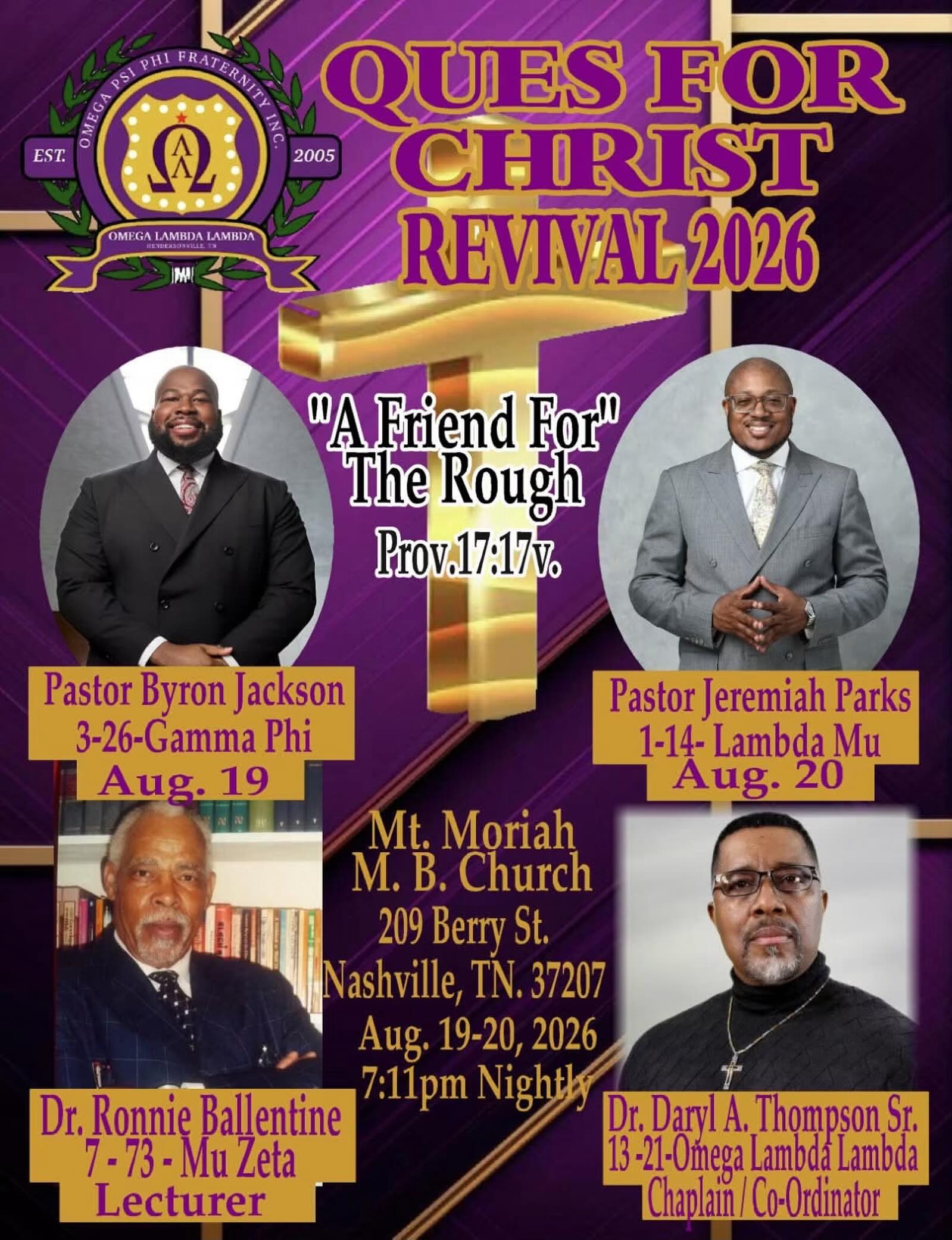 Nashville, TN. Ques for Christ Revival. The mighty men of Omega will bring forth the word !! ⭐️April 19-20, 2026 at 7:11pm nightly. 209 Berry St. Nashville, TN 37207. #onwardandupwardwearethefifthdistrict
#Legendary5thDistrict