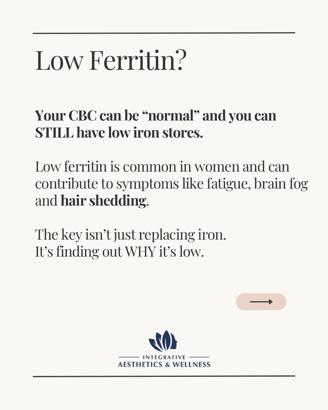 Low ferritin is more than just a lab value….it’s a clue.
Even if your CBC looks normal, your iron stores can still be low and show up as fatigue, brain fog, hair shedding, and more.
For many women, the cause isn’t just “not enough iron”, it can be related to heavy or changing menstrual cycles (especially in perimenopause), diet, or how well your gut is absorbing nutrients.
If your ferritin isn’t improving, don’t just keep adding iron. Look deeper at why it’s low.
Your body is giving you information. ❤️
@ia_wellness
#irondeficiencyanemia #perimenopausehealth #functionalmedicine