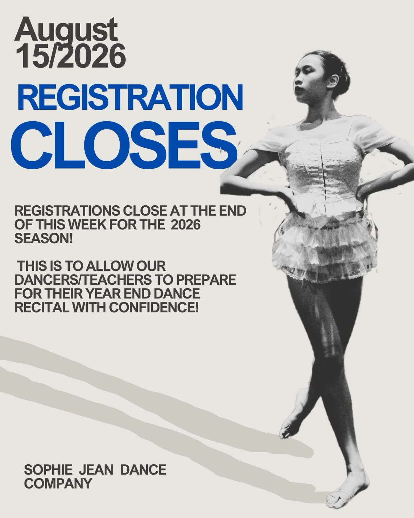 ✨Registrations close for the year August 15/2026!✨
Sign up today or make any changes you need to with your current registration!
This cut off date is to allow our dancers/teachers adequately prepare dances for our year end Recital (November 21/2026) & order proper amount of costumes!
We’re getting SO excited for our favourite time of year, SHOW SEASON🥰✨
