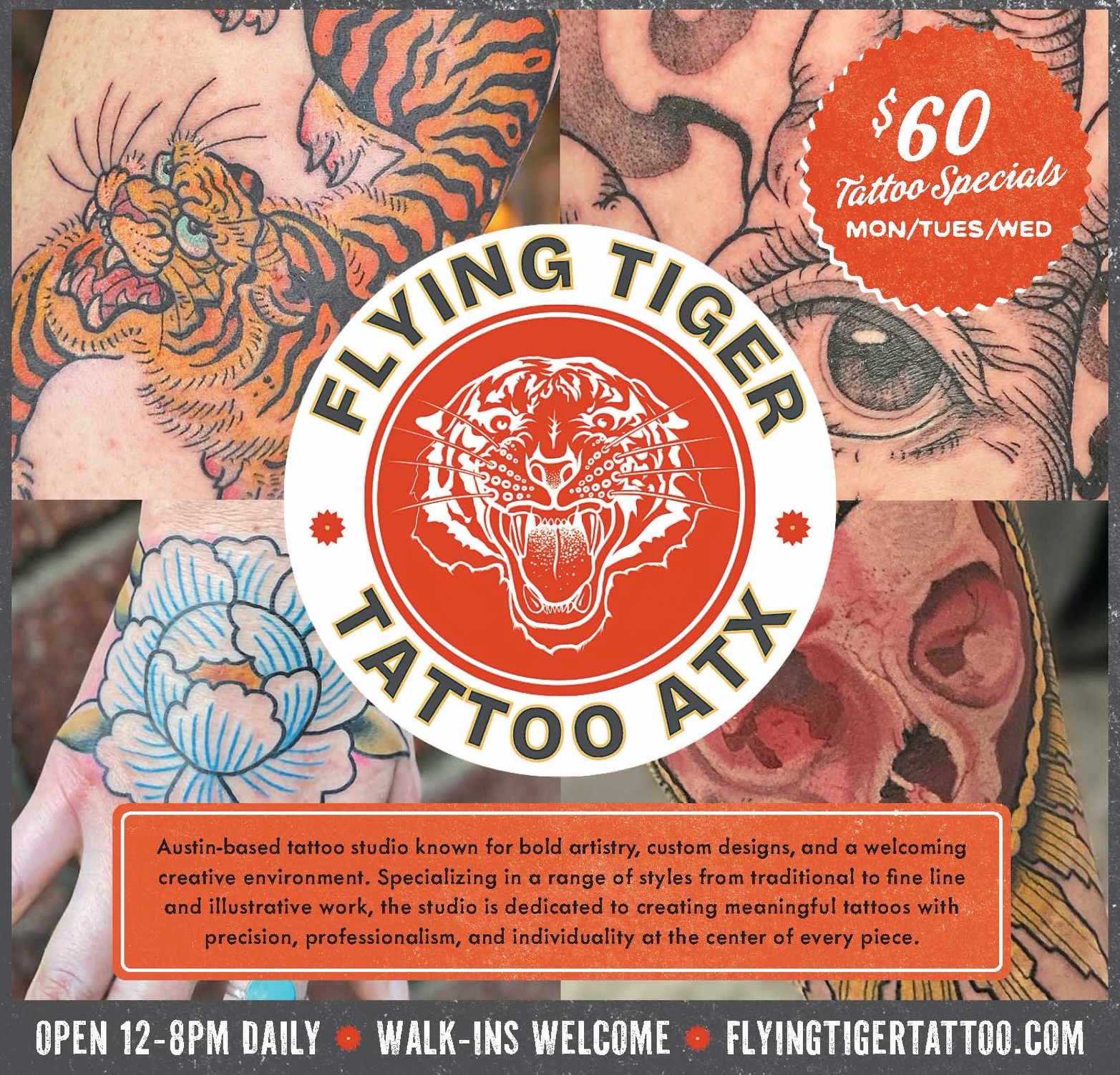 Looking for your next piece?🫰
We got you covered! Big or small we do it all!
With a variety of artists with different focuses, we can work in any style!
Stop by Monday, Tuesday, or Wednesday and take advantage of our $60 tattoo special! Perfect for simple designs under 2", flash, or your own small idea (artist approval applies).
No appointment? No problem. Walk-ins are always welcome from 12-8 PM. Come hang with us and leave with some fresh ink.
•
•
•
•
•
•
•
Flying TigerTattoo #AustinTattoo #AustinTattooShop #ATXTattoo #WalkInTattoo #TattooSpecial SmallTattoos TinyTattoo
FlashTattoo TattooDeals TexasTattoo InkLife TattooCommunity TattooArtist SupportLocalAustin AustinTX CustomTattooTradTattoo FineLineTattoo GetTattooed