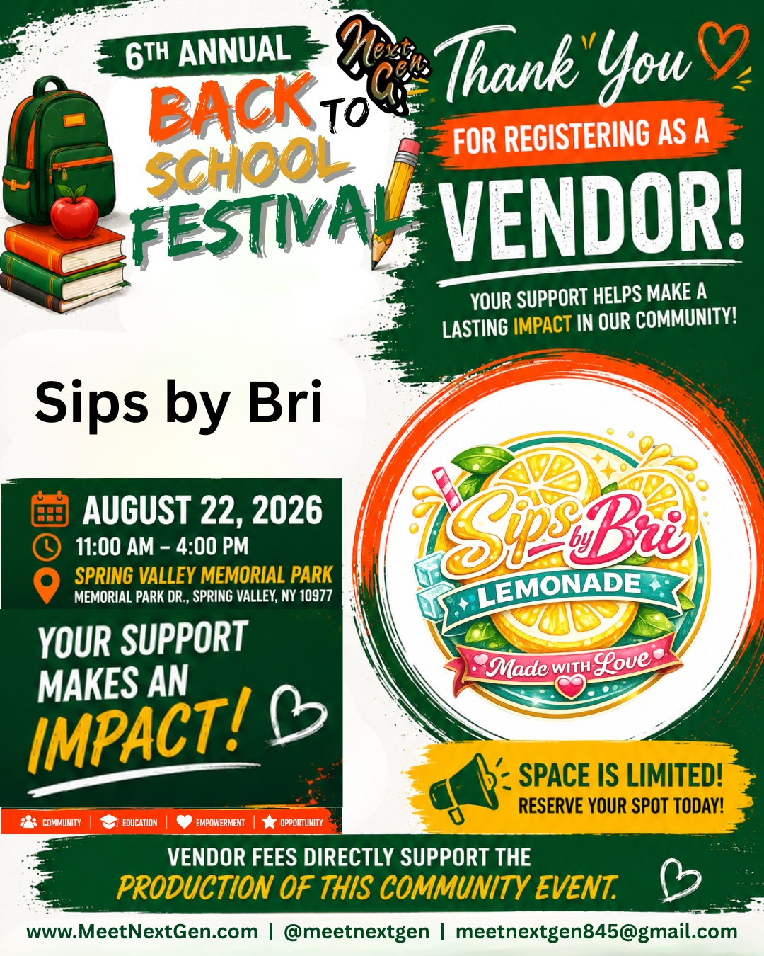 We're excited to welcome @sips.bybri to the 6th Annual Meet Next Gen Back to School Festival!
Be sure to stop by their booth on Saturday, August 22, to:
• Learn more about their products and services
• Meet their team
• Take advantage of special giveaways, promotions, or resources
• Support a local business that is investing in our community
Thank you for joining us and helping make this year's festival a success. We appreciate your commitment to serving the families of Rockland County.
Join us for a day of community, family fun, and back-to-school excitement!
6th Annual Meet Next Gen Back to School Festival
Saturday, August 22, 2026
11:00 AM – 4:00 PM
Spring Valley Memorial Park
Spring Valley, NY
Admission is FREE!
#VendorSpotlight #RocklandCounty #BackToSchoolFestival #ShopLocal #BackToSchool2026