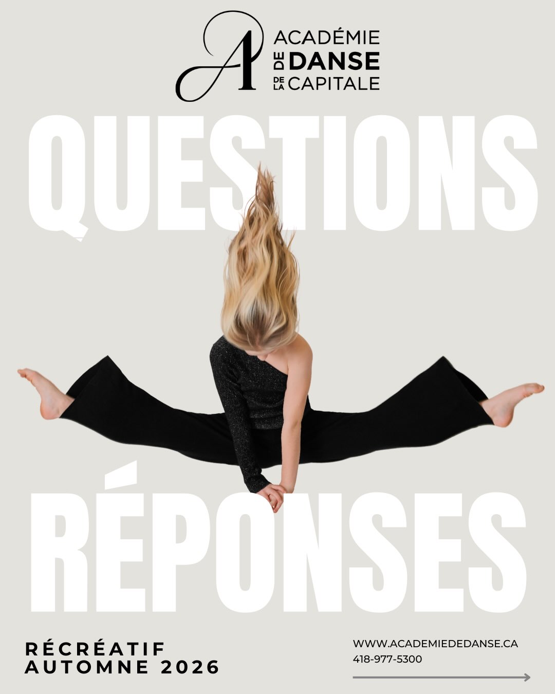 LA PÉRIODE D’INSCRIPTIONS BAT SON PLEIN ! 🔥
Vous êtes nombreux à nous poser des questions sur le volet récréatif automne 2026… alors on vous a rassemblé les questions les plus fréquemment posées dans un petit Q&R ! 👀💬
💃 Plus de 50 groupes sont offerts pour tous les âges et tous les niveaux, de 18 mois jusqu’aux adultes !
✨ Des cours tous les soirs de semaine et la fin de semaine
🩷 Une ambiance familiale et des professeurs passionnés
🔥 Et surtout… une nouvelle session qui s’annonce INCROYABLE !
⚠️ Attention : certains groupes affichent déjà COMPLETS ! Les places partent rapidement, alors ne tardez pas à inscrire votre danseur ou danseuse pour lui assurer sa place.
📅 La session débute le 29 août 2026.
📲 Les inscriptions sont en cours : c’est le moment de choisir votre cours et de rejoindre la famille ADC !
On a tellement hâte de vous retrouver en studio ! 💙
#ADCFAMILY
📸 : @valarochephotographie