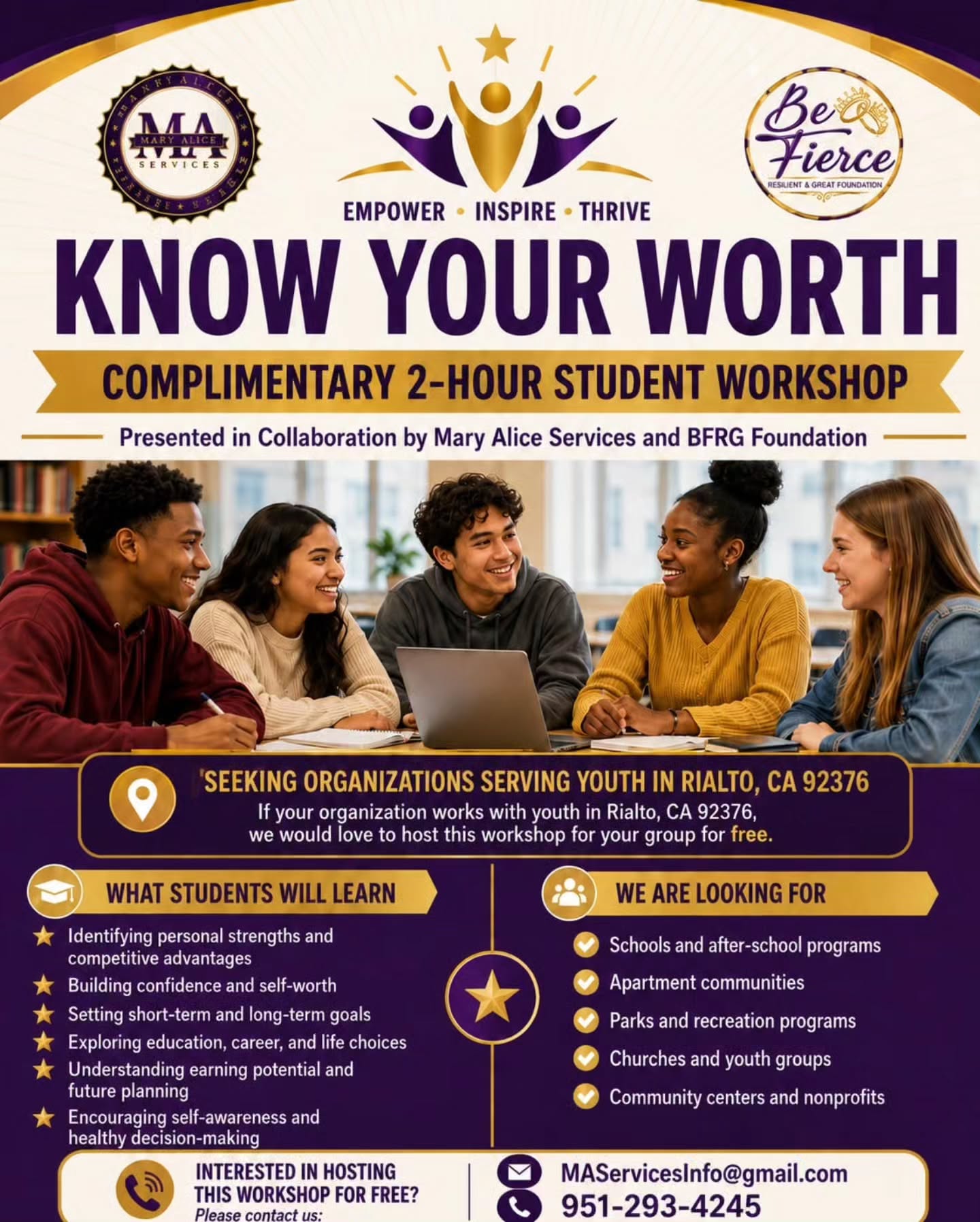 📣 RIALTO YOUTH ORGANIZATIONS — WE’RE LOOKING FOR YOU!
BFRG Foundation and Mary Alice Services are looking for organizations serving youth in Rialto, CA 92376 that would like us to bring our Know Your Worth 2-Hour Student Workshop to their location FREE of charge.
Students will explore:
✨ Confidence and self-worth
✨ Personal strengths
✨ Short- and long-term goals
✨ Education and career options
✨ Earning potential and future planning
✨ Healthy decision-making
We welcome schools, after-school programs, apartment communities, parks & recreation programs, churches, youth groups, community centers, nonprofits, and other organizations serving youth.
📧 MAServicesInfo@gmail.com
📞 951-293-4245
Know an organization that serves youth and might be interested in a FREE Know Your Worth Workshop? Tag them below! 👇💜💛
Help us bring opportunities directly to youth in their own communities. 💜💛
#Rialto #Youth #YouthEmpowerment #CommunityOutreach #BFRGFoundation