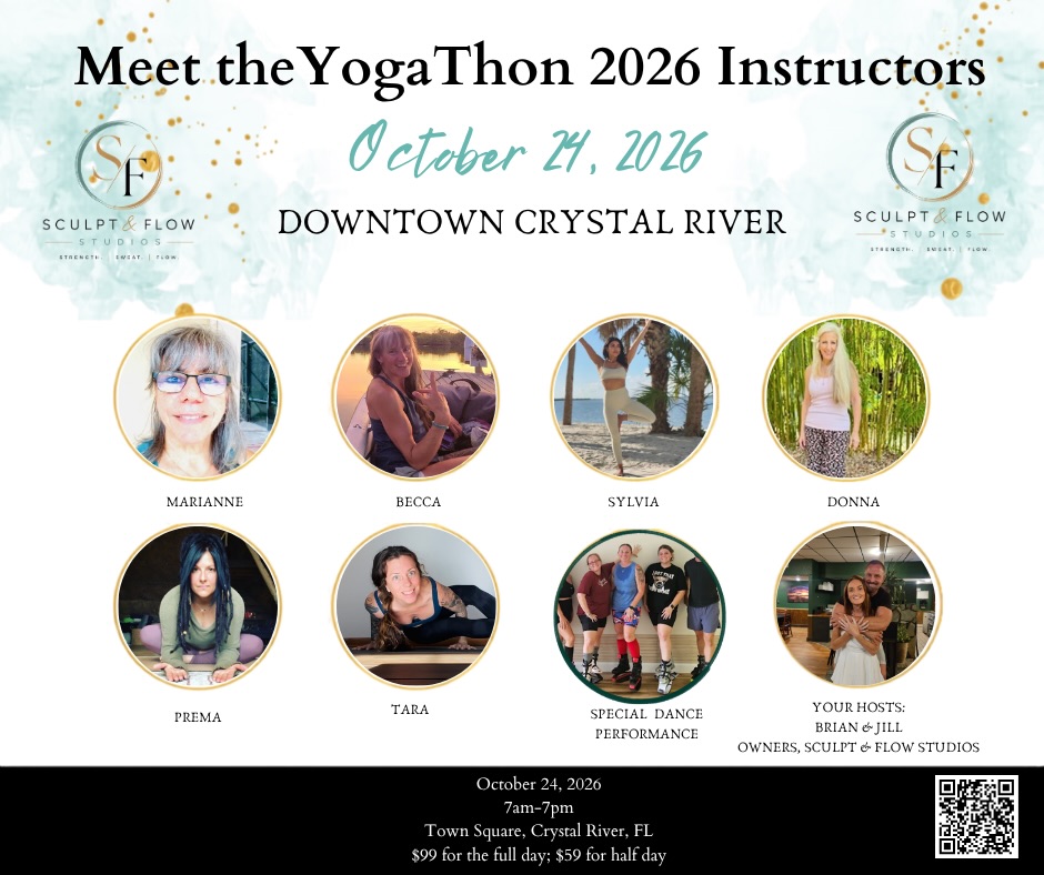 I am so excited to announce the line-up of amazing instructors who will be teaching at YogaThon 2026!
But first, what is YogaThon? YogaThon is an all-day wellness event that will take place in quaint little Crystal River, Florida (home of the manatees!). The event will be held on October 24th, from 7am-7pm. You can come for the full day, or a half day, and come and go as you please. Shop local restaurants and shops, and come enjoy a full day of like-minded people!
These instructors join us from all over the State of Florida! Let’s meet them:
Prema Shakti (✨yours truly ✨) will be joining us to teach the Yin class as our very first opening class of the day, at 7:15am!
Tara will then be teaching a high-energy Buti Yoga class at 8:30am.
Next, meet a special surprise krewe for a fun dance performance! ..wait and see!
At 11:15am we’ll be led by Sylvia Dang, in a Flow Into Stillness: Mobility • Breath • Sound class
At 12:15 Donna will lead us through a Pilates class!
At 2:30pm we will have a special guest come teach a kickboxing class!
At 3:45, Marianne will lead us in Low Flow & Stretch class.
At 5:00pm, Becca will lead us in Gentle Flow + Breathwork before we go into a final circle and closure at 6:00pm
These instructors were handpicked among dozens of instructors that applied to teach, and I could not be more proud to teach next to them!
Tickets are available by visiting:
https://www.sculptandflow.studio/yogathon-2026
I look forward to seeing you there!
#YogaThon2026 #yogafestival