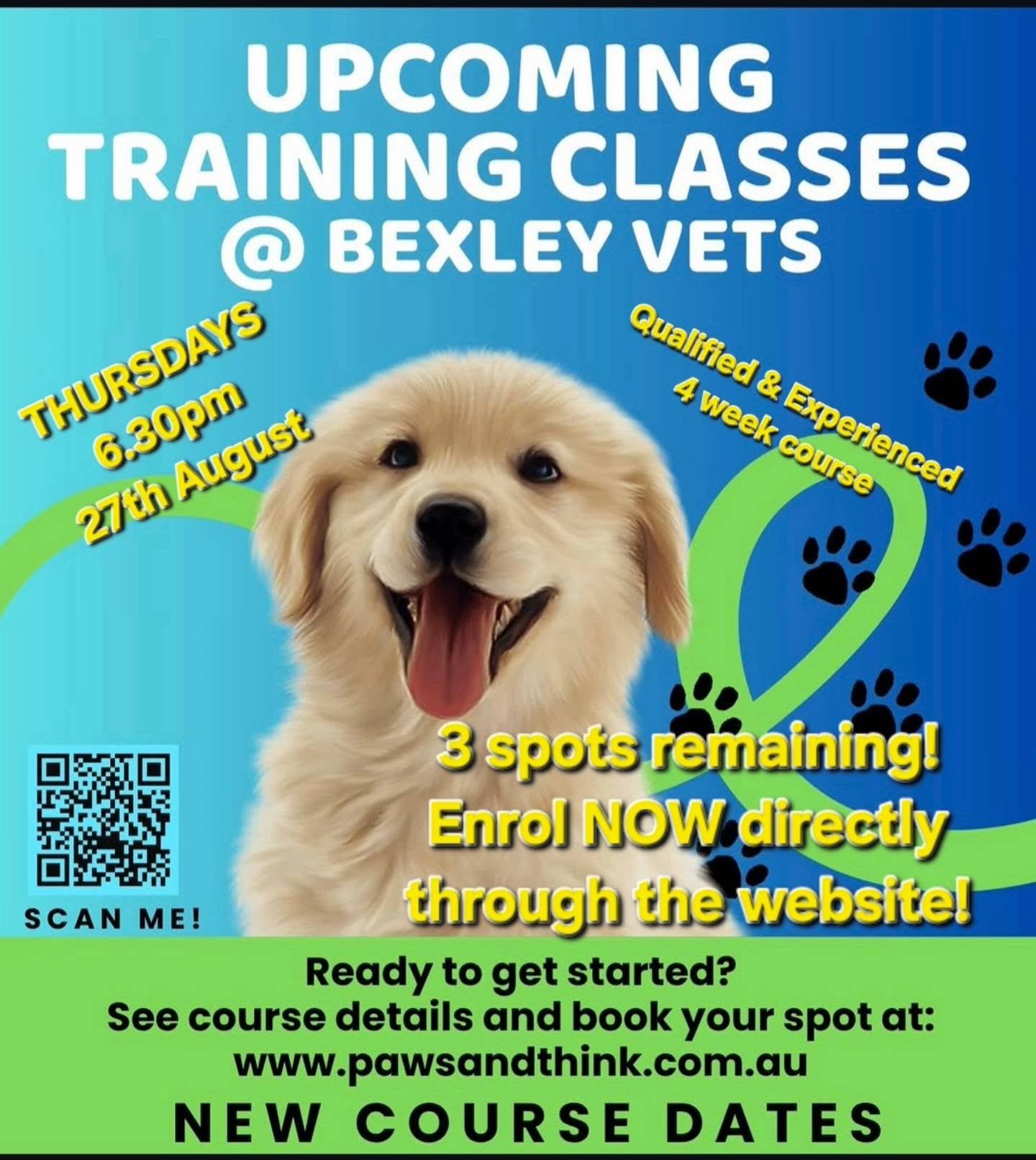 Are you a new or soon to be new puppy guardian? Do you want to set both you and your puppy up for the best chance at success together? JOIN NOW!
Paws And Think are bringing their award winning training programmes to you!
Enrol directly through the website to secure yourself a place in class.
Puppies can enrol as early as 8 weeks of age as long as they have had their 1st vaccination (provided before they come home to you).
See you there!
www.pawsandthink.com.au