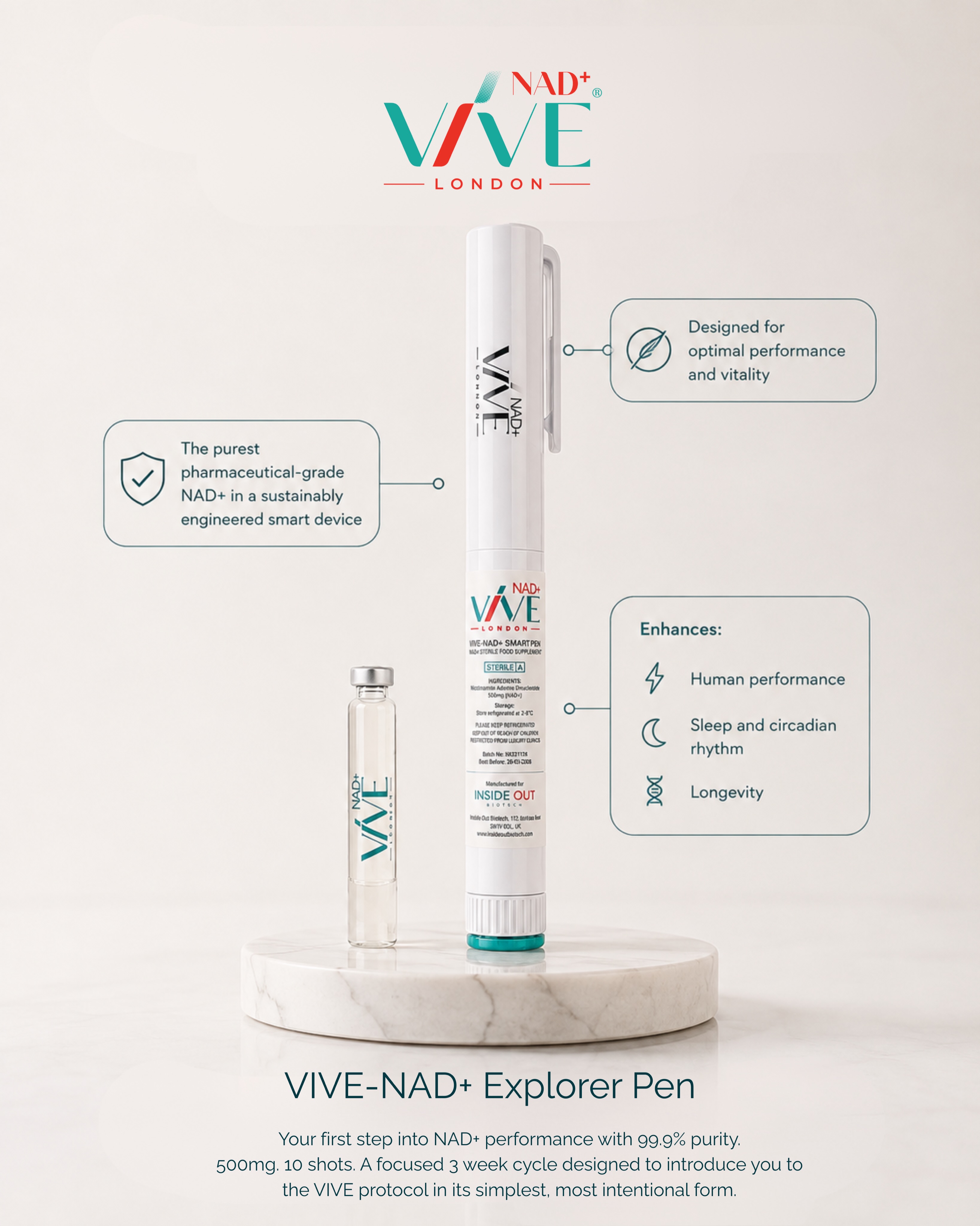 The VIVE-NAD+ Explorer Pen has been thoughtfully designed for those ready to experience our premium NAD⁺ journey for the first time.
✔ 99.9% pharmaceutical-grade NAD⁺
✔ 500mg per pen
✔ 10 precision doses
✔ A focused 3-week protocol
✔ Smart delivery device for effortless administration
Whether you’re looking to optimise your wellness routine or explore the benefits of NAD⁺, the Explorer Pen offers the perfect place to begin.
Live Exceptionally. Age Intelligently.
#NAD #NADPlus #Longevity #Wellness #Biohacking HealthyAgeing VIVELondon