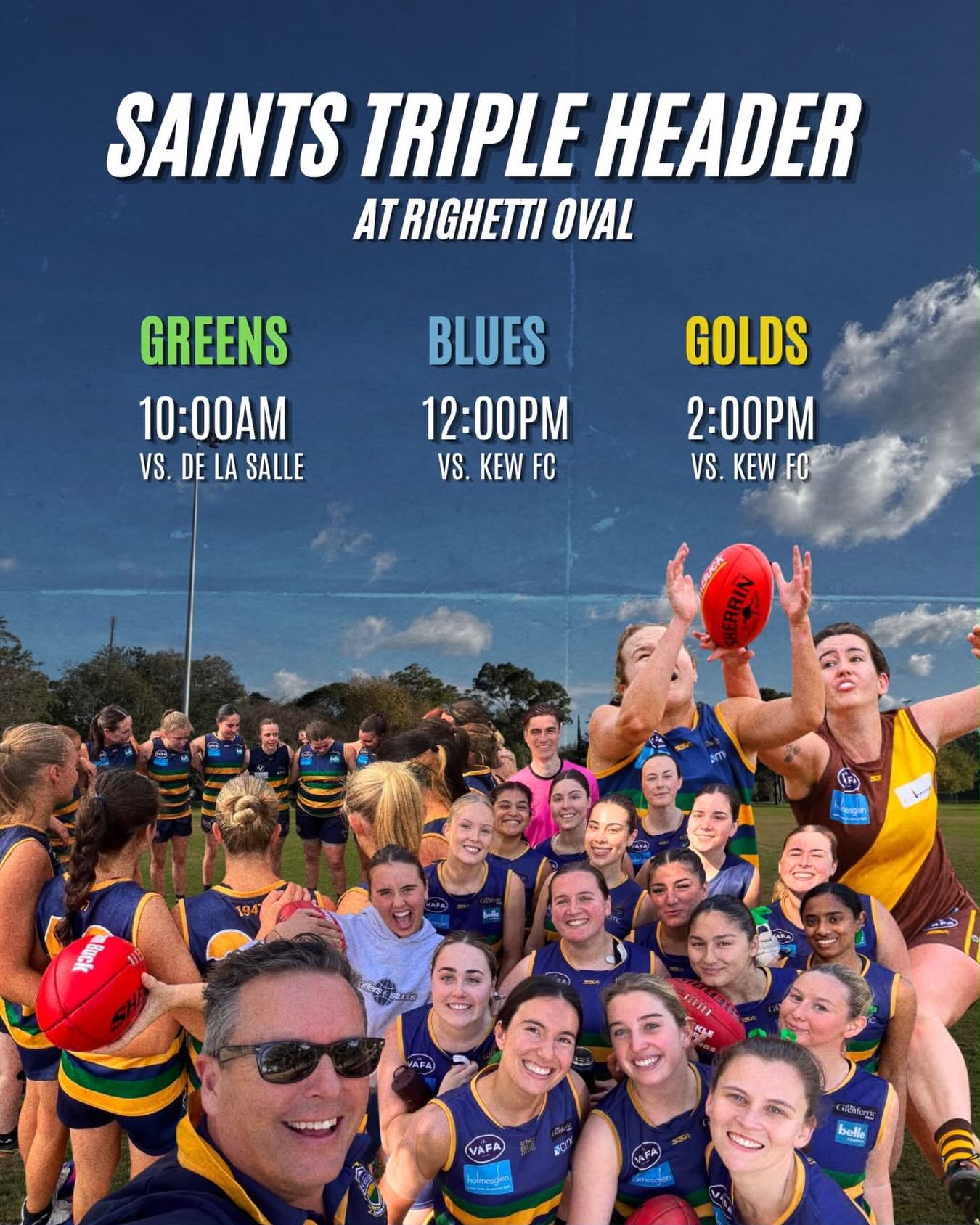 A massive Saints triple header awaits this weekend at Righetti Oval!!
See all of our women’s teams in action, Greens kicking things off at 10am, followed by the Blues at 12pm and Golds from 2pm!
Get down and support our Saints!!
#goSKOB💙💛💚