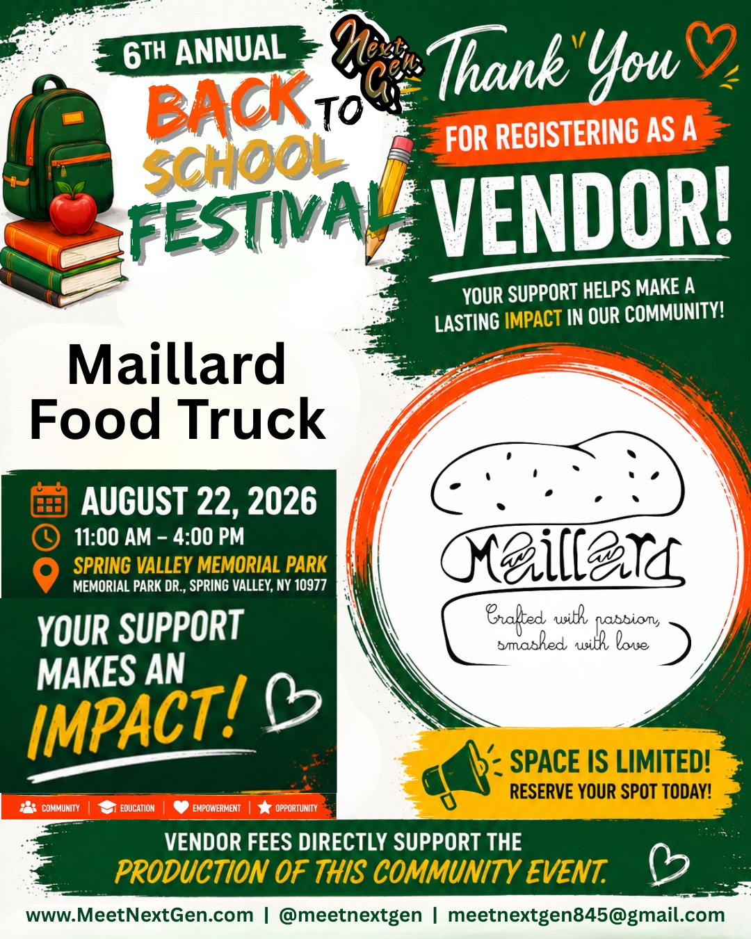 We're excited to welcome @maillardfoodtruck to the 6th Annual Meet Next Gen Back to School Festival!
Be sure to stop by their booth on Saturday, August 22, to:
• Learn more about their products and services
• Meet their team
• Take advantage of special giveaways, promotions, or resources
• Support a local business that is investing in our community
Thank you for joining us and helping make this year's festival a success. We appreciate your commitment to serving the families of Rockland County.
Join us for a day of community, family fun, and back-to-school excitement!
6th Annual Meet Next Gen Back to School Festival
Saturday, August 22, 2026
11:00 AM – 4:00 PM
Spring Valley Memorial Park
Spring Valley, NY
Admission is FREE!
#VendorSpotlight #RocklandCounty #BackToSchoolFestival #ShopLocal #BackToSchool2026