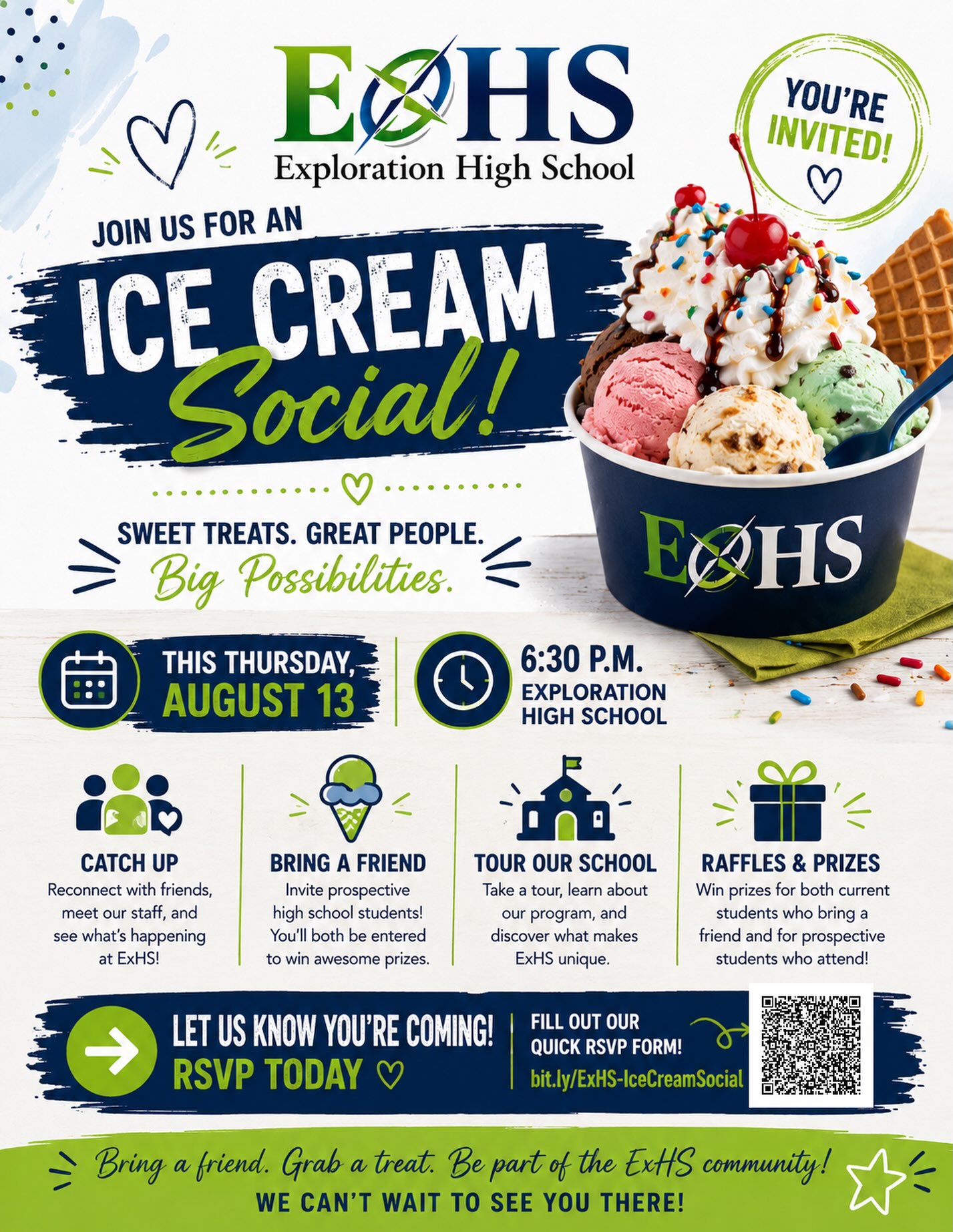 🍦🎉 ONLY 2 DAYS AWAY! 🎉🍦
Exploration High School’s Ice Cream Social is THIS THURSDAY, August 13 at 6:30 PM!
Come enjoy FREE ice cream and treats, reconnect with friends, meet our staff, tour the school, and kick off the new school year with us! 💙
🎟️ CURRENT EXPLORATION STUDENTS — BRING A FRIEND!
For EVERY prospective high school student you bring, you’ll get an entry into our raffle to win some awesome prizes — including HEADPHONES 🎧 and Exploration High School swag!
🌟 PROSPECTIVE STUDENTS — WE WANT TO MEET YOU!
Thinking about a new high school for this fall? Come check us out! Bring your family, meet our community, tour the school, and learn what makes Exploration different. Prospective students who attend can enter our raffle too!
📅 THIS THURSDAY — August 13
⏰ 6:30 PM
📍 Exploration High School
🍦 FREE ice cream & treats
🎧 Raffles & prizes
🏫 School tours
💙 Current AND prospective students & families are welcome!
Help us spread the word! TAG or SHARE this with a high school student who should come check out Exploration!