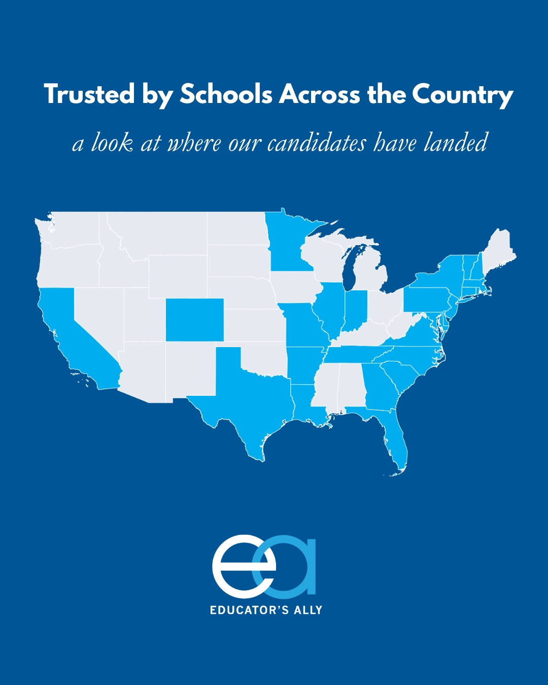 As we reflect on the '25–'26 hiring season, we're taking a moment to say thank you.
This map marks the states where we've placed educators — a reach we're proud of and grateful for. It's an honor to support the searches that shape our school's communities, and we're thankful to each one for putting their trust in us. Thank you, too, to the remarkable educators we have the privilege of supporting.
And as leadership searches for Summer 2027 begin to surface, we're looking ahead. Whether you're a school planning a search or an administrator considering a change, we'd love to connect. Visit www.educatorsally.com to learn more.
.
.
.
#educatorsally #education #teacher #teacherjobs #teaching #teachingjobs #independentschools #privateschools #dayschools #boardingschools