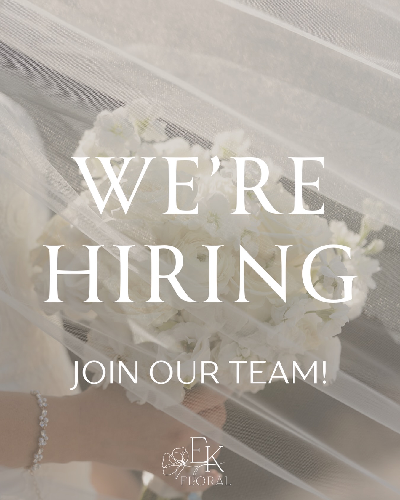 WE’RE HIRING!!
EK Floral is looking for motivated Freelance Floral & Event Assistants to join our team for upcoming weddings and events!
You’ll help with floral prep and design, loading/unloading, event setup and breakdown, and bringing each event together on-site.
What we’re looking for:
– Friday + weekend availability
– Reliable transportation
– Floral, wedding, or event experience preferred
– Detail-oriented, hardworking & dependable
– Comfortable working in a fast-paced environment
– Willingness to learn and be part of a team
Interested? Apply through our website or email us at ek_floral@outlook.com with a brief introduction, your experience, and photos of your floral work if applicable.
We can’t wait to hear from you!