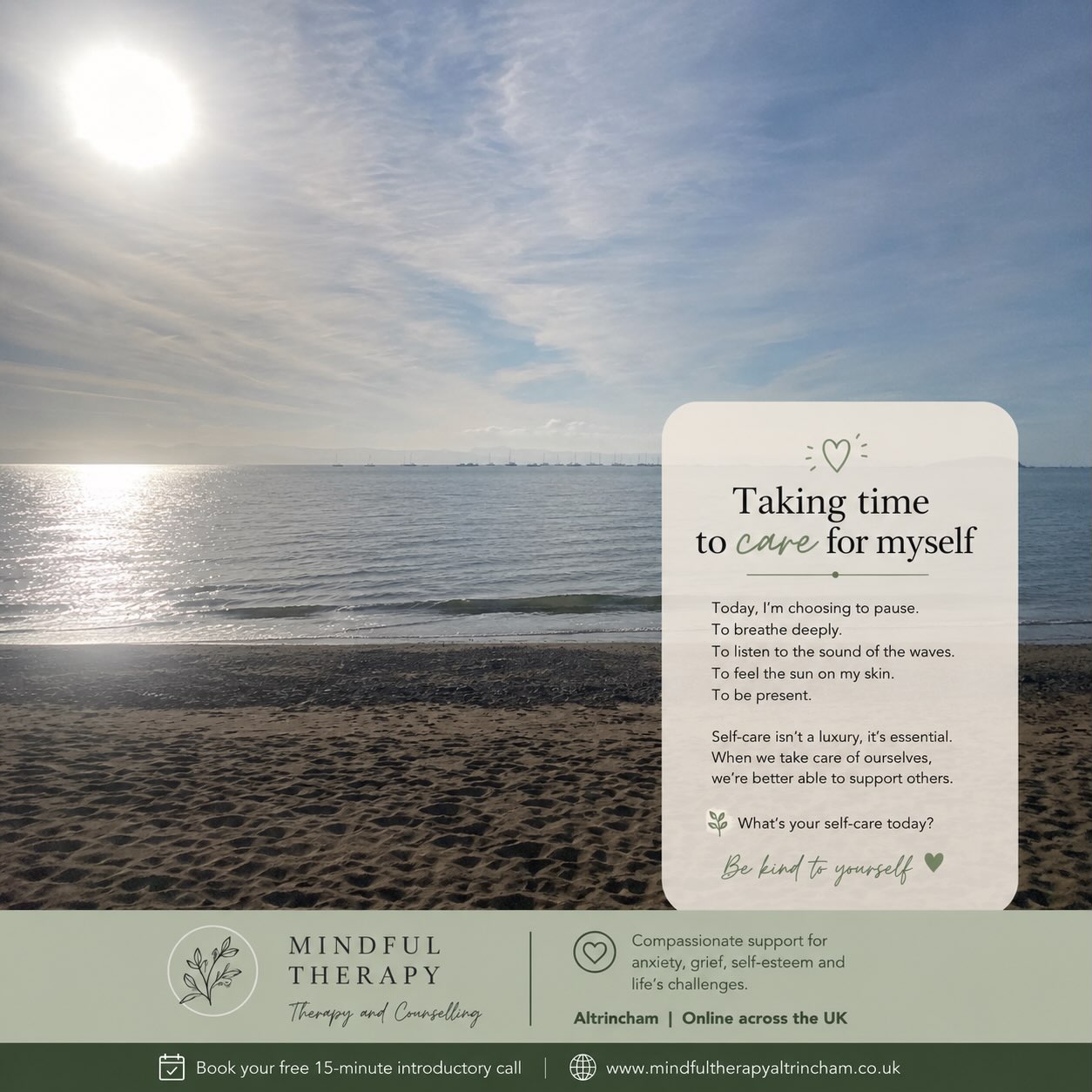 🌊 A little reminder to practise what I encourage…
Today I’m taking some time for my own self-care.
Slowing down.
Listening to the sound of the waves.
Feeling the sun.
Taking a moment simply to be present.
Self-care doesn’t always have to mean doing something big. Sometimes it’s giving ourselves permission to pause, step away from the noise and notice what we need.
As a counsellor, I spend a lot of time talking about the importance of looking after our emotional wellbeing — and I believe it’s just as important that I make space for this myself. 🌿
Today, for me, it’s the sea. 🌊
What does self-care look like for you?
💚 Rachel
Mindful Therapy
📍 Altrincham | Manchester
💻 Online counselling across the UK
#SelfCare #EmotionalWellbeing #MentalWellbeing #MindfulMoments #counsellingmanchester