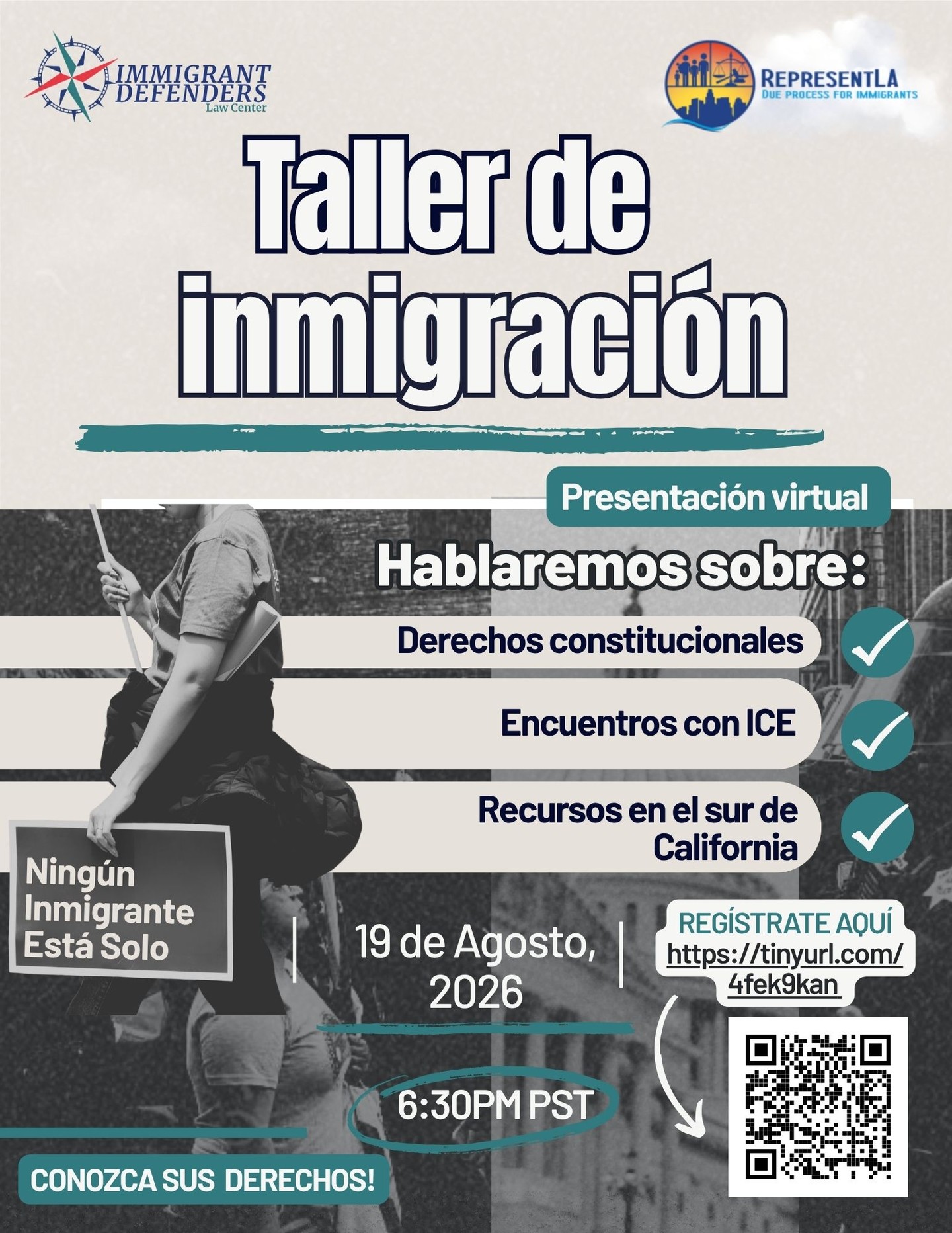 ¡Nuestros seminarios web #KnowYourRights (Conoce tus derechos) regresa para el mes de agosto! Sin importar tu estatus migratorio, tu tienes derechos.
En colaboración con nuestros socios de #RepresentLA, te explicaremos cuáles son tus derechos, cómo ejercerlos y qué hacer si te enfrentas en una situación con ICE. También compartiremos recursos disponibles en todo el sur de California.
📅 Acompáñanos el jueves 19 de agosto a las 6:30 p. m. (hora del Pacífico).
🔗 Regístrate aquí: https://tinyurl.com/4fek9kan
Únete a nosotros para mantenerte informado, preparado y empoderado.
…
Our #KnowYourRights webinars return for the month of August! No matter what your immigration status is, you have rights.
In collaboration with our partners at #RepresentLA, we will walk you through your rights, how you can exercise them, and what to do if you ever face an encounter with ICE. We will also share resources that are available across Southern California.
📅Join us on Thursday 8/20 at 6:30 pm PT.
🔗Register Here: https://tinyurl.com/3k4mv2rh
Join us to stay informed, prepared, and empowered.
#KnowYourRight #KYRResources #SoCalKYRResources #KYRWebinars #ConozcaSusDerechos #RecursosDeInmigración