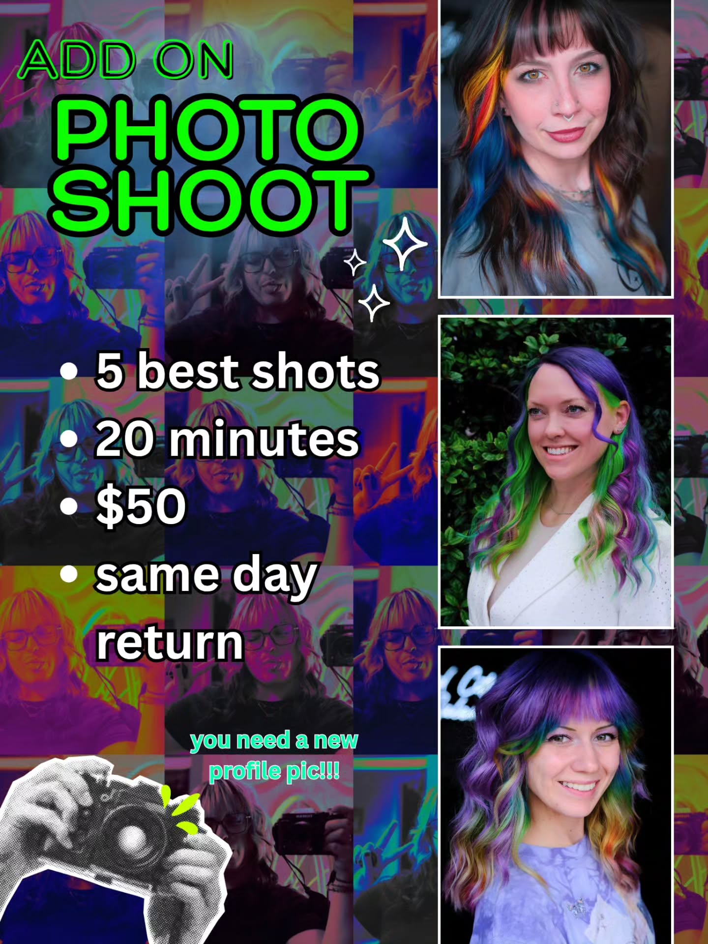 relax, im just gonna take ur picture πΈ
ever wanted a couple professional photos taken but don't want the hassle of finding the time, a photographer or having to style your own hair for the shoot?
look no further for it is I, Samantha, who can deliver an experience such as this!
im already gonna be taking a picture of your hair, so might as well get some pictures of YOU that you can keep forever π
You shall receive 5 of the best photos I took via digital download. Photos will be delivered the SAME DAY I took them! Ya girl is fast β‘οΈ
Costume changes and makeup encouraged!
Shoot will be 20 minutes long and occur immediately after the end of your hair appointment. Additional 10 minutes for changing/makeup touchups.
Photos may be taken inside or outside the Westlawn building if weather permits.
And if you'd like to book me for a full photoshoot at a alternative location, hit me up! I'm fully in my photog era and I LOVE a themed shoot (as you may see at the end of this carousel, I've done a couple fun themed shoots for my friend Rylee) π·
