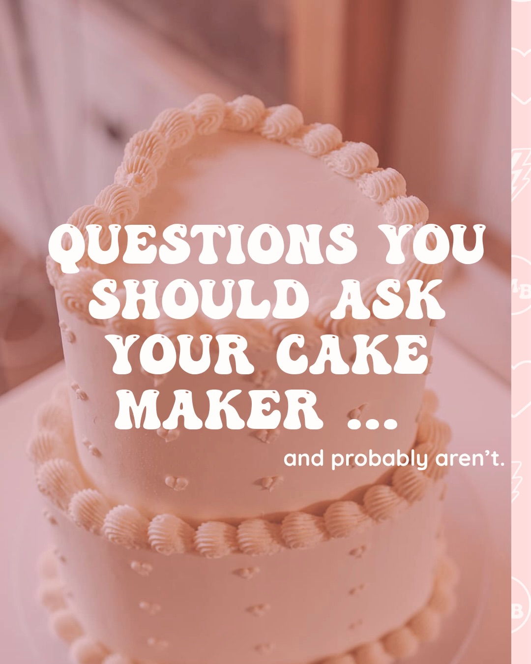 There are SO many things couples want to ask their cake maker but don’t because they think they’re being awkward, cheeky or “should probably know this already”
You don’t need to know all the answers before you book your cake. That’s literally what your cake maker is there for
Ask me the weird one. The money one. The one you think you should know. The one you’ve been Googling at 11pm and still don’t understand
I’d much rather you asked than sat there quietly wondering if you’re about to spend a lot of on something you didn’t actually need
So, what’s the question you’ve been too scared to ask?