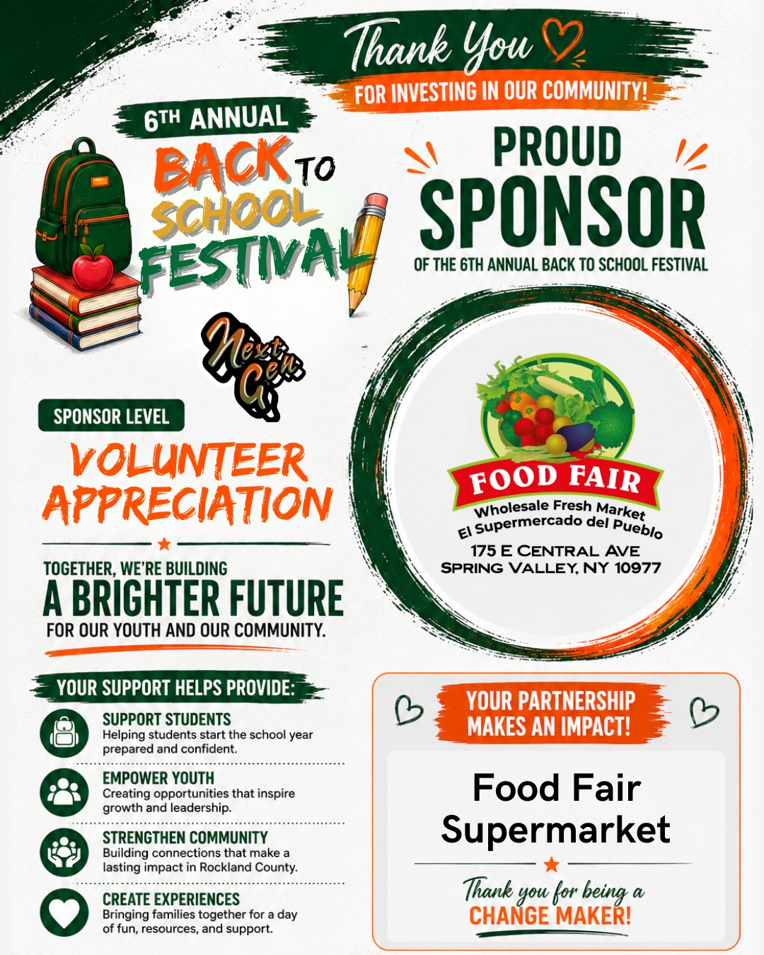 THANK YOU TO OUR VOLUNTEER APPRECIATION SPONSOR!
Meet Next Gen is proud to recognize @foodfairspringvalley as the Official Volunteer Appreciation Sponsor for the 6th Annual Back to School Festival.
This investment helps create an engaging and memorable day for hundreds of students and families as they prepare for the new school year.
We appreciate @foodfairspringvalley commitment to supporting education, community engagement, and opportunities for the next generation.
Thank you for helping us build a stronger community and brighter future!
📅 6th Annual Meet Next Gen Back to School Festival
🗓️ August 22, 2026 | 11:00 AM – 4:00 PM
📍 Spring Valley Memorial Park
🎒 FREE Admission • Book Bags • School Supplies • Kids Haircuts & Braids • Family Activities
#MeetNextGen #BackToSchoolFestival #SpringValleyNY #MainStageSponsor #Kidsfestival
