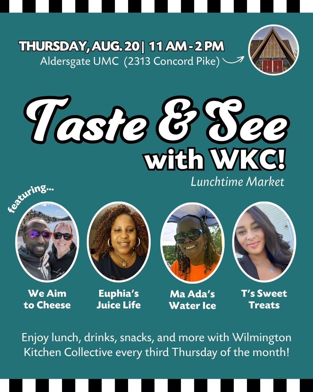 Next Thursday, Aug. 20th, we'll be back at AldersgateDe for our monthly Taste & See Lunchtime Market! 🎉
Joining us this time on Concord Pike are...
🥪 We Aim to Cheese (grilled cheese + more!)
🥤 @EuphiasJuiceLife (fresh-pressed juices)
🍧 @MaAdas_WaterIce (refreshing shaved ice)
🧁 @TSweetTreats20 (delicious desserts)
Have a lunchtime buddy who might want to join? Help us spread the word by tagging them below or sharing this post! ⤵️
#TasteAndSee #LunchtimeMarket #WilmingtonKitchenCollective #WKC #TheCollectiveWKC