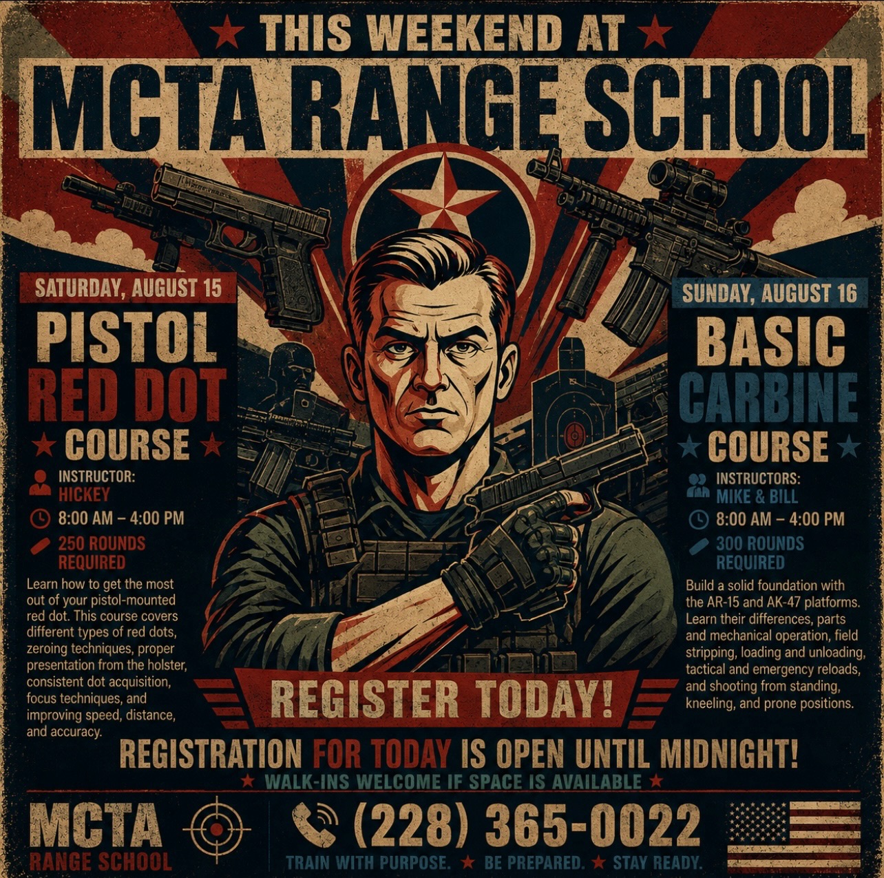 π
THIS WEEKEND AT MCTA RANGE SCHOOL
Two days. Two opportunities to train and build your skills.
β οΈ Online registration closes TONIGHT, Wednesday, August 12, at MIDNIGHT.
π― SATURDAY, AUGUST 15
PISTOL RED DOT COURSE
π€ Instructor: Hickey
β° 8:00 AM β 4:00 PM
π₯ 250 rounds required
Learn how to get the most out of your pistol-mounted red dot. Work on zeroing, presentation from the holster, consistent dot acquisition, focus techniques, speed, distance, and accuracy.
ββββββββββββββββββ
π« SUNDAY, AUGUST 16
BASIC CARBINE COURSE
π₯ Instructors: Mike & Bill
β° 8:00 AM β 4:00 PM
π₯ 300 rounds required
Build a solid foundation with the AR-15 and AK-47 platforms. Learn mechanical operation, field stripping, loading and unloading, reloads, and shooting from standing, kneeling, and prone positions.
ββββββββββββββββββ
β° DONβT WAIT β REGISTRATION CLOSES AT MIDNIGHT!
π₯ Make this weekend a training weekend.
Build confidence. Improve your skills. Train with purpose.
π Register through the link in bio.
π (228) 365-0022
#MCTARangeSchool #FirearmsTraining #TrainWithPurpose #Mississippi MCTA