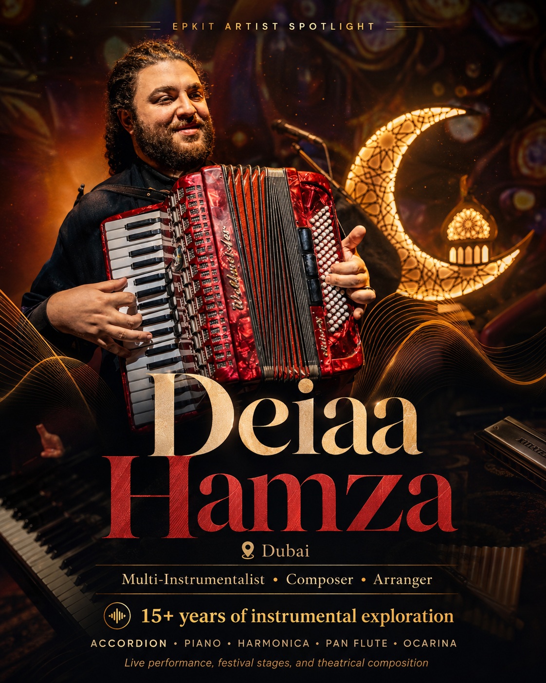 Artist Spotlight: Deiaa Hamza
Based in Dubai, Deiaa Hamza is a multi-instrumentalist, composer, and arranger with more than 15 years of experience shaping music through craftsmanship, versatility, and exploration.
Fluent across accordion, piano, harmonica, pan flute, and ocarina, Deiaa brings a rare instrumental range to every performance and composition. His work moves seamlessly between live concerts, international festivals, and theatrical scoring, blending technical precision with a deep creative vision.
With a sound rooted in structural depth and expressive performance, Deiaa continues to carve out a distinct artistic identity, balancing traditional musicianship with contemporary musical storytelling.
Discover Deiaa @deiaa_hamza
#EPKit #ArtistSpotlight #DeiaaHamza #DubaiArtist #MultiInstrumentalist #Composer #Arranger #Accordion #Piano #Harmonica #PanFlute #Ocarina #LiveMusic #FestivalArtist #TheatreMusic #IndependentArtist #MusicProducer #MusicianSpotlight