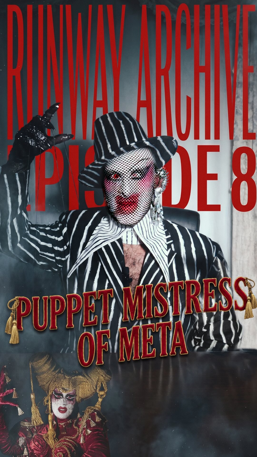 RUNWAY ARCHIVES — CHAPTER SEVEN: “PUPPET MISTRESS OF META” 🪆🧵
For this runway, I wanted to explore one of the strangest parts of reality television: voyeurism and the illusion of control.
Reality TV is inherently voyeuristic. You’re watching a real person, but also a sort of character of that person, shaped by cameras, editing, and the narrative being told but the production. How many times have you met someone from let’s say a television program in real life, and have thought “Wow, you’re nothing like you are on TV”! Drag already adds another layer to that: You are person, but also playing a character you’ve created. Put that on television and suddenly I’m Christos, playing Pythia, the character I’ve created, playing Christos playing Pythia, but the version that TV has created… Meta enough? 😭👁️📺
The look became a literal representation of that idea: I open my skirt to reveal a tiny marionette of myself whose strings I control… while somewhere above, someone else is pulling mine. A puppet controlling a puppet… controlling a puppet.
The silhouette draws inspiration from theatrical characters like Mother Ginger from The Nutcracker, all the way to modern pop spectacle like Lady Gaga’s monumental red opening look from the Mayhem Ball.
It’s theatrical, absurd, slightly sinister and extremely meta which is frankly everything I love about drag and design. One of my favorite runways I’ve ever created, and one I truly wish had gotten its moment on the Canada’s Drag Race All Stars main stage. 🪆🧵✨