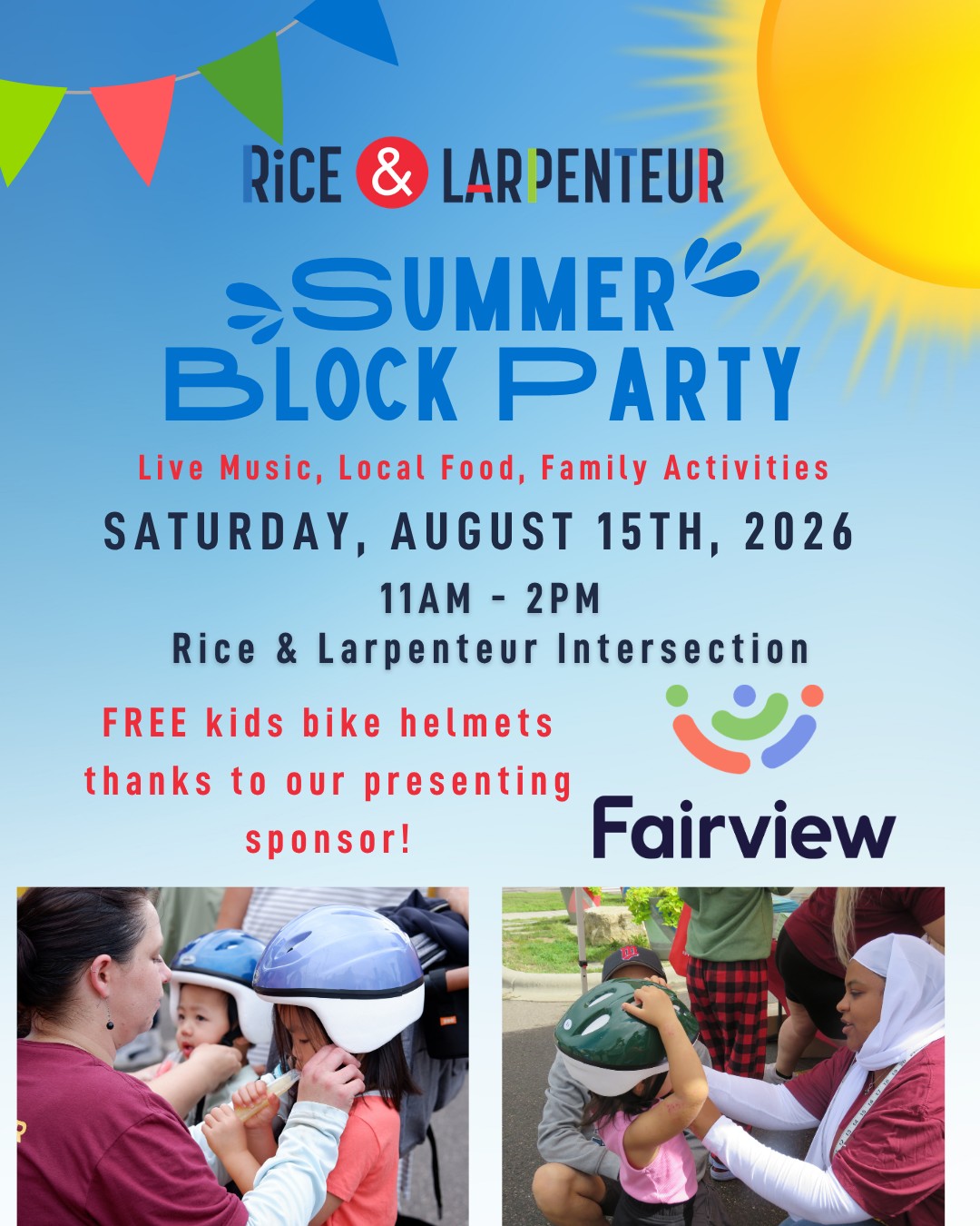 🎉 Mark your calendars! The RLA Summer Block Party is BACK, Saturday, August 15 from 11 AM to 2 PM! 📍 SW Corner of Rice & Larpenteur (St. Paul side)
🚨Did you know? @mhealthfairview is our Presenting Sponsor this year and they’re bringing FREE bike helmets for kids! 👏
We love partnering with organizations making our neighborhood stronger & safer.
RSVP on our website!