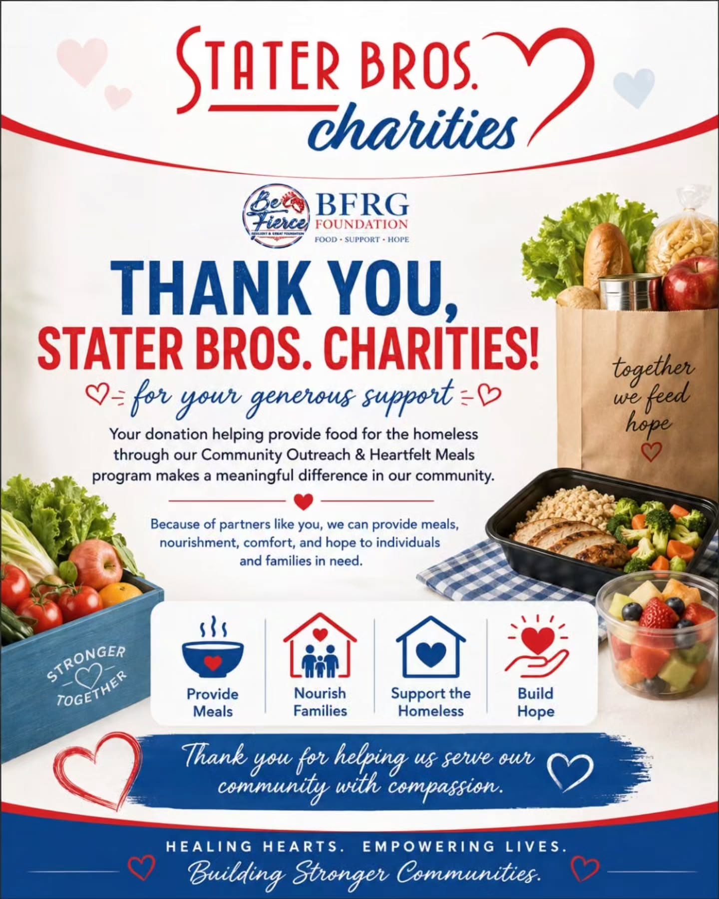 ❤️💙 A heartfelt THANK YOU to Stater Bros. Charities! ❤️💙
BFRG Foundation is incredibly grateful to Stater Bros. Charities for their generous donation in support of our Community Outreach & Heartfelt Meals Program.
This funding will help us purchase food and provide meals to individuals and families experiencing homelessness and food insecurity in our community. 🍎🥪🥗
For someone facing a difficult time, a meal can provide more than nourishment. It can offer comfort, dignity, compassion, and hope. Through Community Outreach & Heartfelt Meals, our goal is to meet people where they are and remind them that their community cares.
We are thankful for partners like Stater Bros. Charities who make it possible for us to continue serving those who need a helping hand. ❤️
Thank you for investing in our community and helping us feed hope, one meal at a time.
💜 BFRG Foundation
Healing Hearts. Empowering Lives. Building Stronger Communities.
#BFRGFoundation #StaterBrosCharities #CommunityOutreach #HeartfeltMeals #HomelessOutreach HungerRelief FoodInsecurity CommunitySupport FeedingHope GiveBack NonprofitSupport CommunityImpact