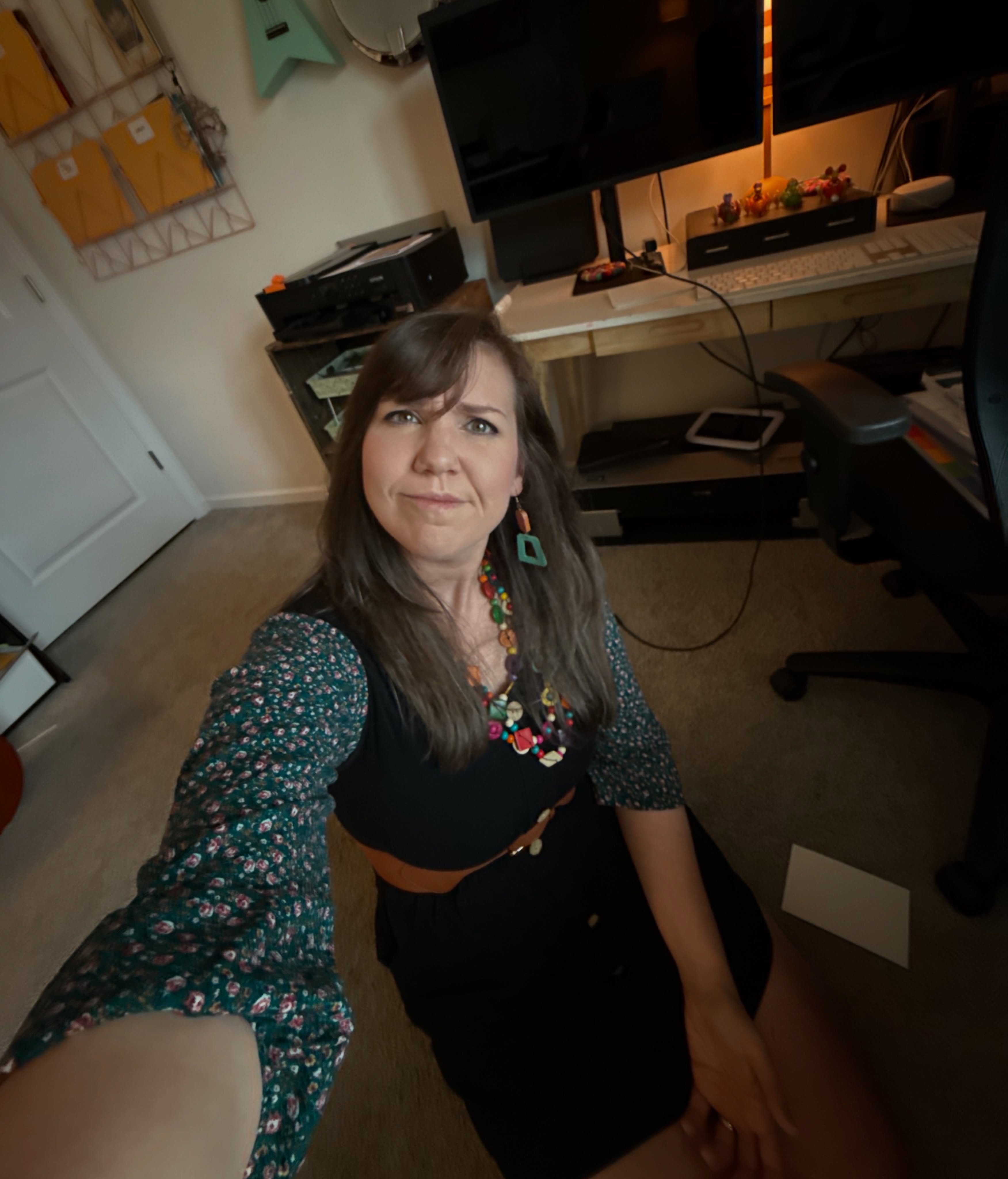 People who are good at Instagram keep saying “Post the artist, not just the art.” I scrolled back in my art Instagram feed and realized I posted myself about twice this year. 20-something Candace loved a selfie but 40-year-old Candace takes pictures of her children and her cat and her doodles.
Gen Z says to take selfies with .5 zoom using your back camera instead of your front-facing camera. Am I saying that right?
As you can see, this went really well for me.
Anyway, here’s the artist.
