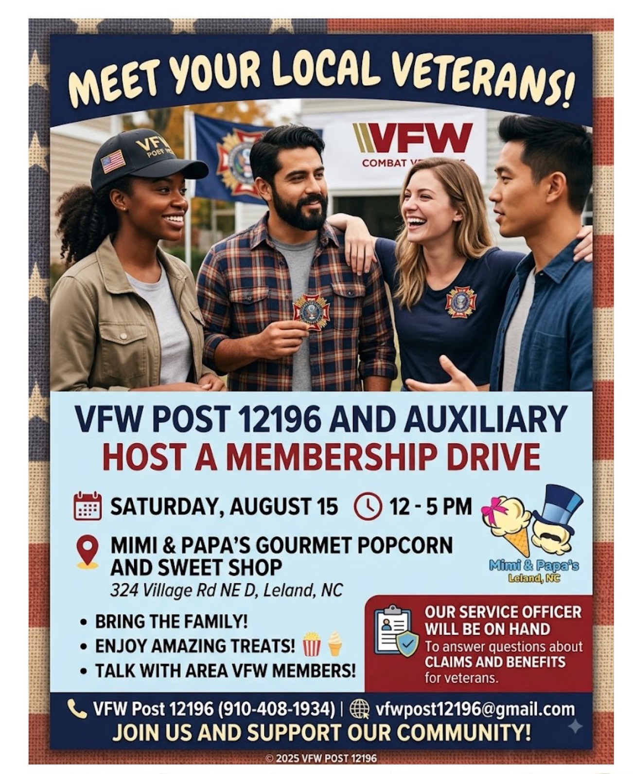 Pop by the shop today to meet some local veterans!
These folks do so much in and for our community and they want to spend their day with us! 🫡❤️🙌
If you or a family member are a veteran, thank you for your service and we hope you can stop by to say hello to this wonderful team!
Not a veteran? Pop by to chat with them, too! They host so many community events and have such interesting stories. It’s an honor to have them here, so let’s show them some love! 🫶
*Flyer provided by the VFW.*